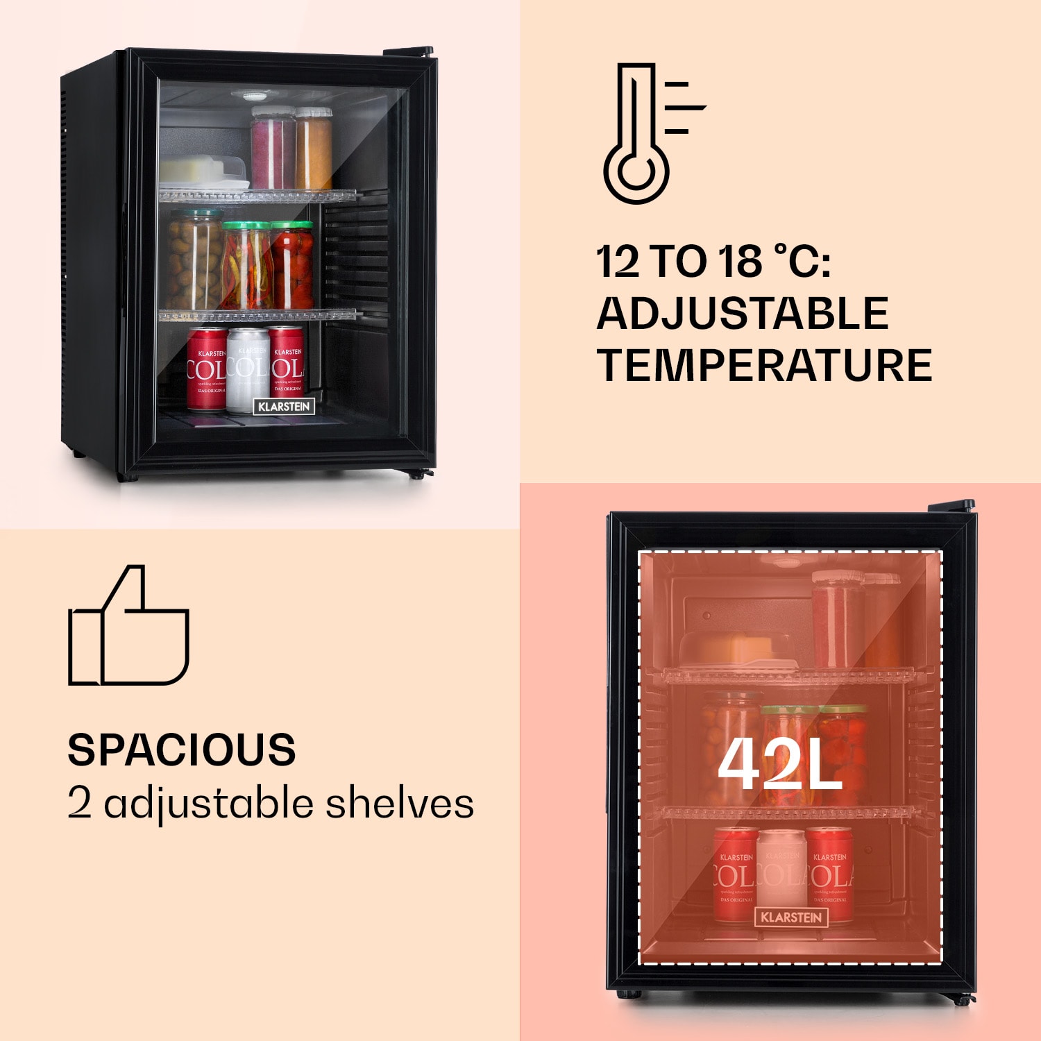 Klarstein Brooklyn 42, mini chladnička, sklenené dvere, LED osvetlenie, police – Obrázok 4