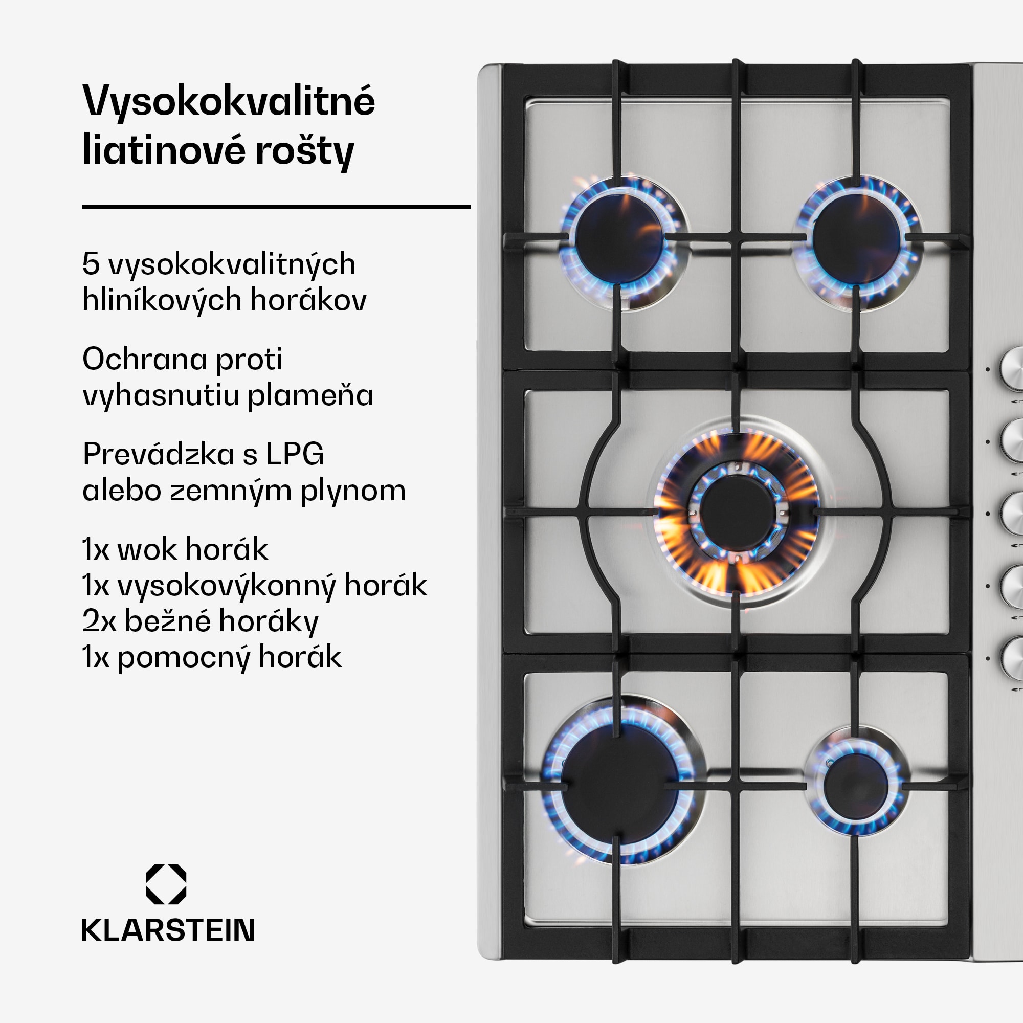 Klarstein Ignito 5 Zonen, plynová varná doska, 5 Sabaf horákov, nehrdzavejúca oceľ, strieborná – Obrázok 3