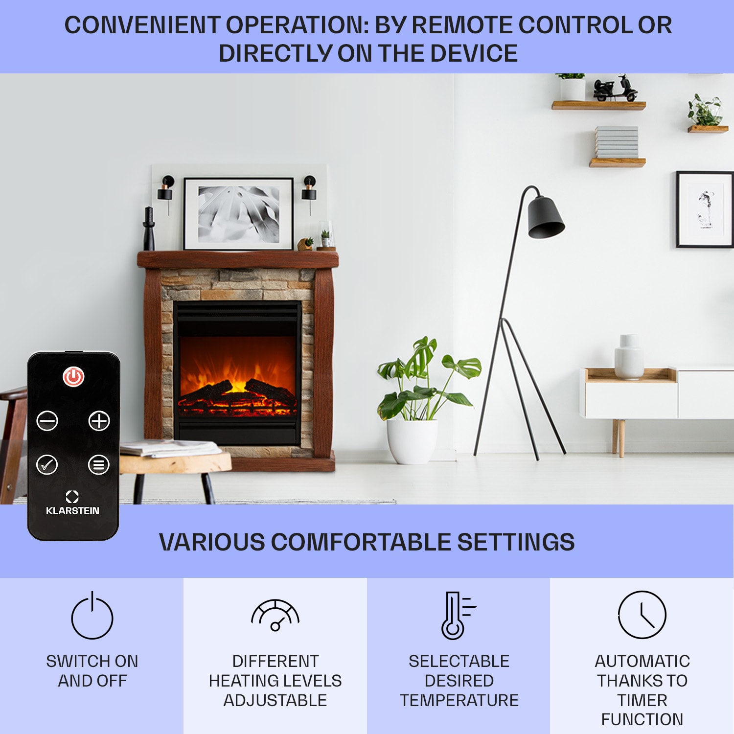 Klarstein Lienz, elektrický krb, 1800 W, vzhľad kameňa, polystone, diaľkové ovládanie – Obrázok 5