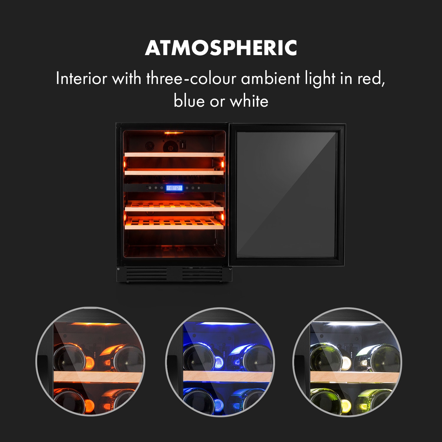 Klarstein Vinovilla Onyx 43, dvojzónová vinotéka, 129 l, 43 fliaš, 3-farebné LED osvetlenie – Obrázok 3