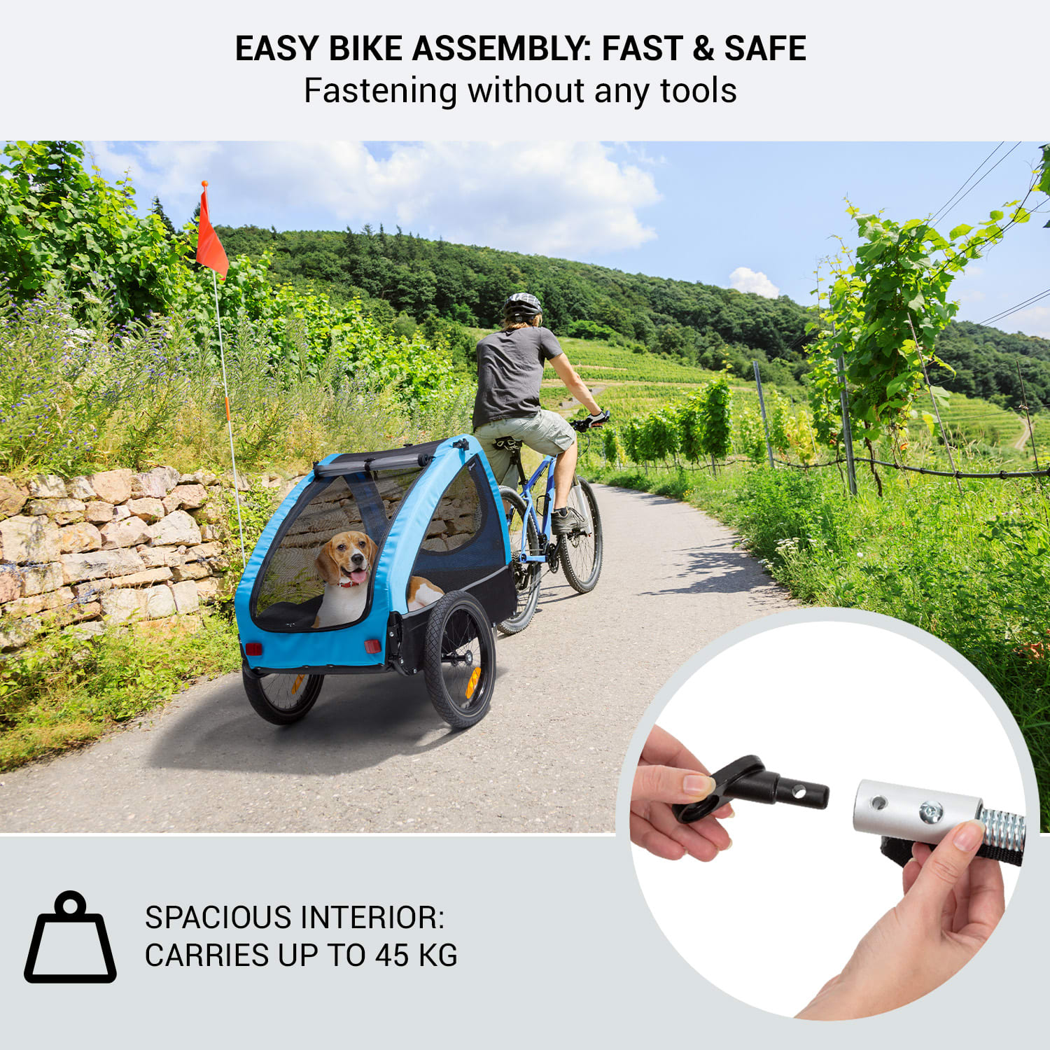 KLARFIT Husky, príves na bicykel pre psov, cca 250L, 600D, Oxfortdské plátno, modrý – Obrázok 2