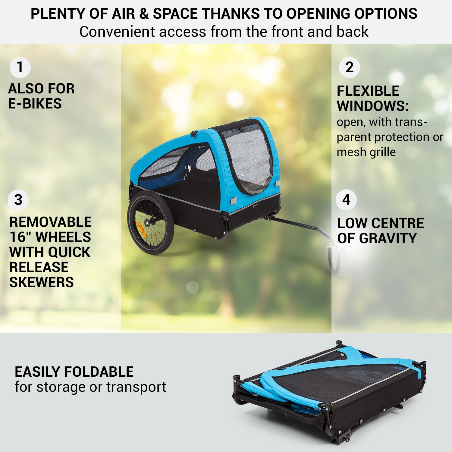 KLARFIT Husky, príves na bicykel pre psov, cca 250L, 600D, Oxfortdské plátno, modrý – Obrázok 3