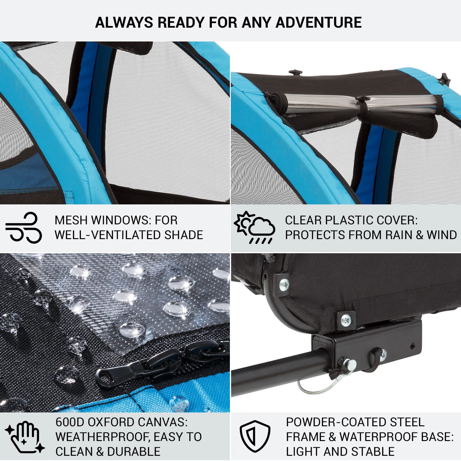 KLARFIT Husky, príves na bicykel pre psov, cca 250L, 600D, Oxfortdské plátno, modrý – Obrázok 5