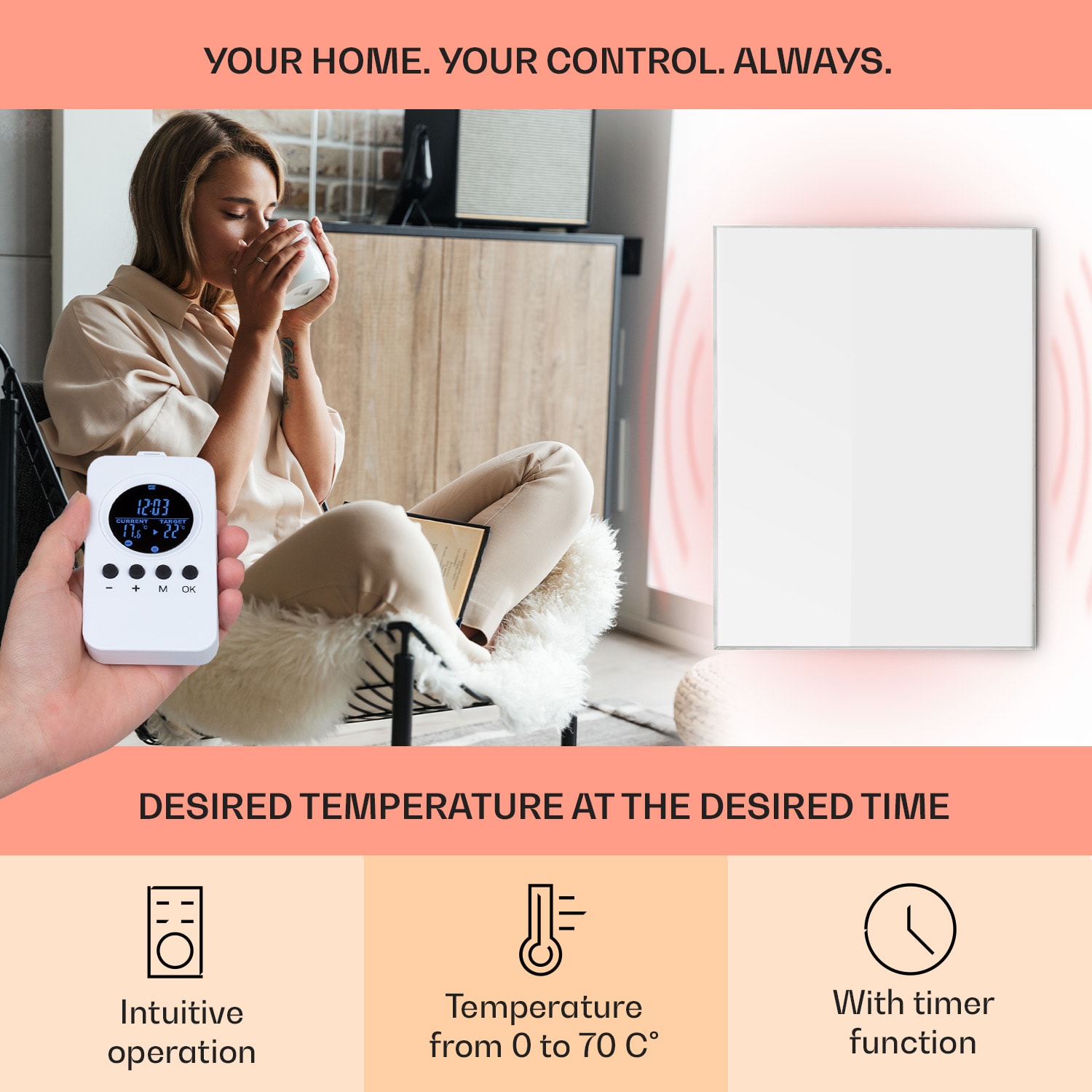 Klarstein Wonderwall Air 120, infračervený ohrievač, 120 x 100 cm, 1200 W, nástenná montáž, diaľkový ovládač, biely – Obrázok 3