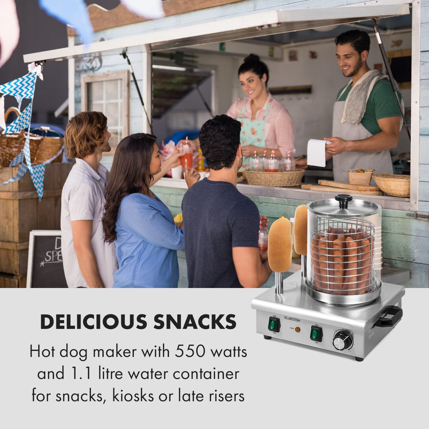 Klarstein Wurstfabrik 550, hotdogovač, 550 W, 5 l, 30 – 100 °C, sklo, nehrdzavejúca oceľ – Obrázok 2