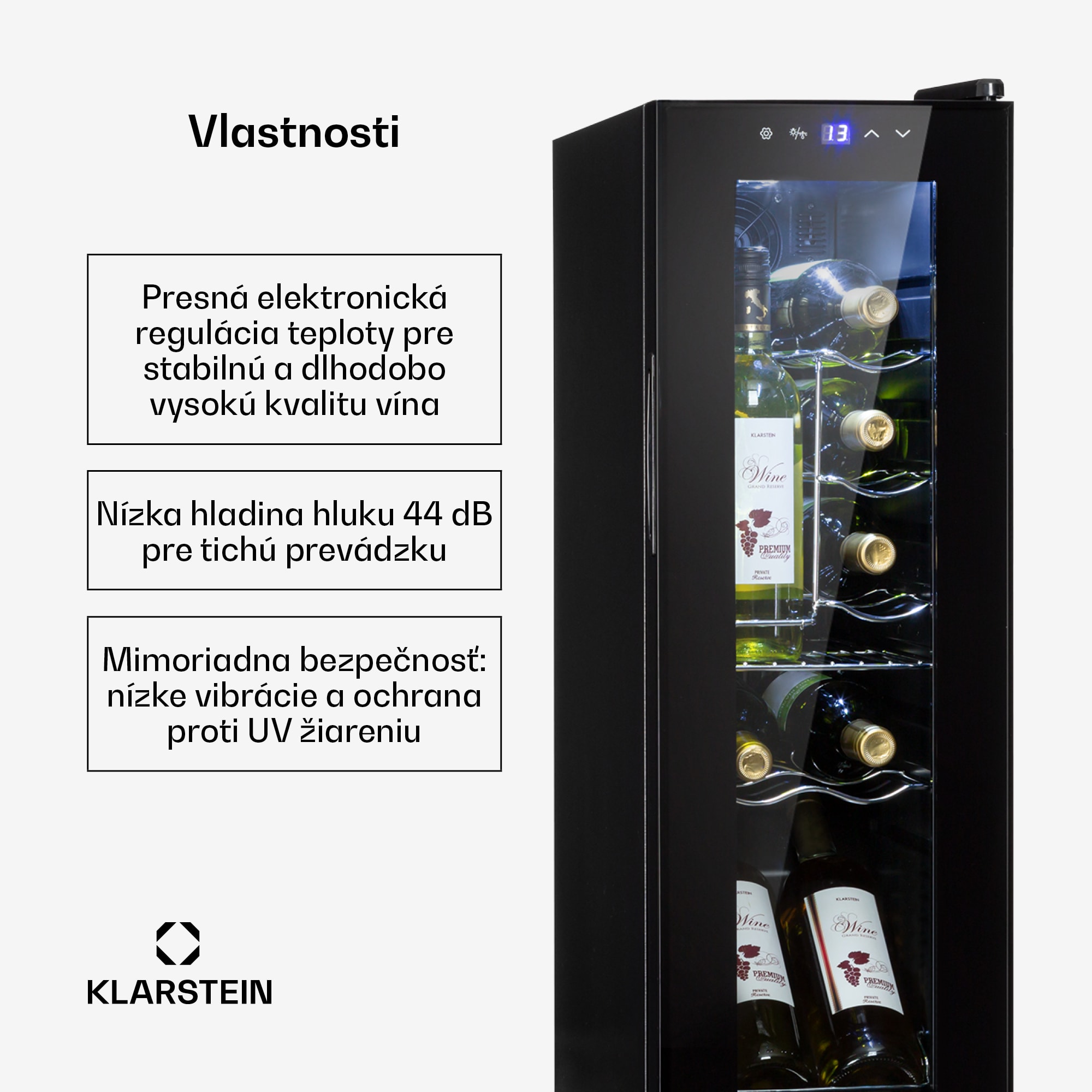 Klarstein Shiraz 12 Slim, vinotéka, 32 l, 12 fliaš, 85 W, 5–18°C, dotykový ovládací panel – Obrázok 2