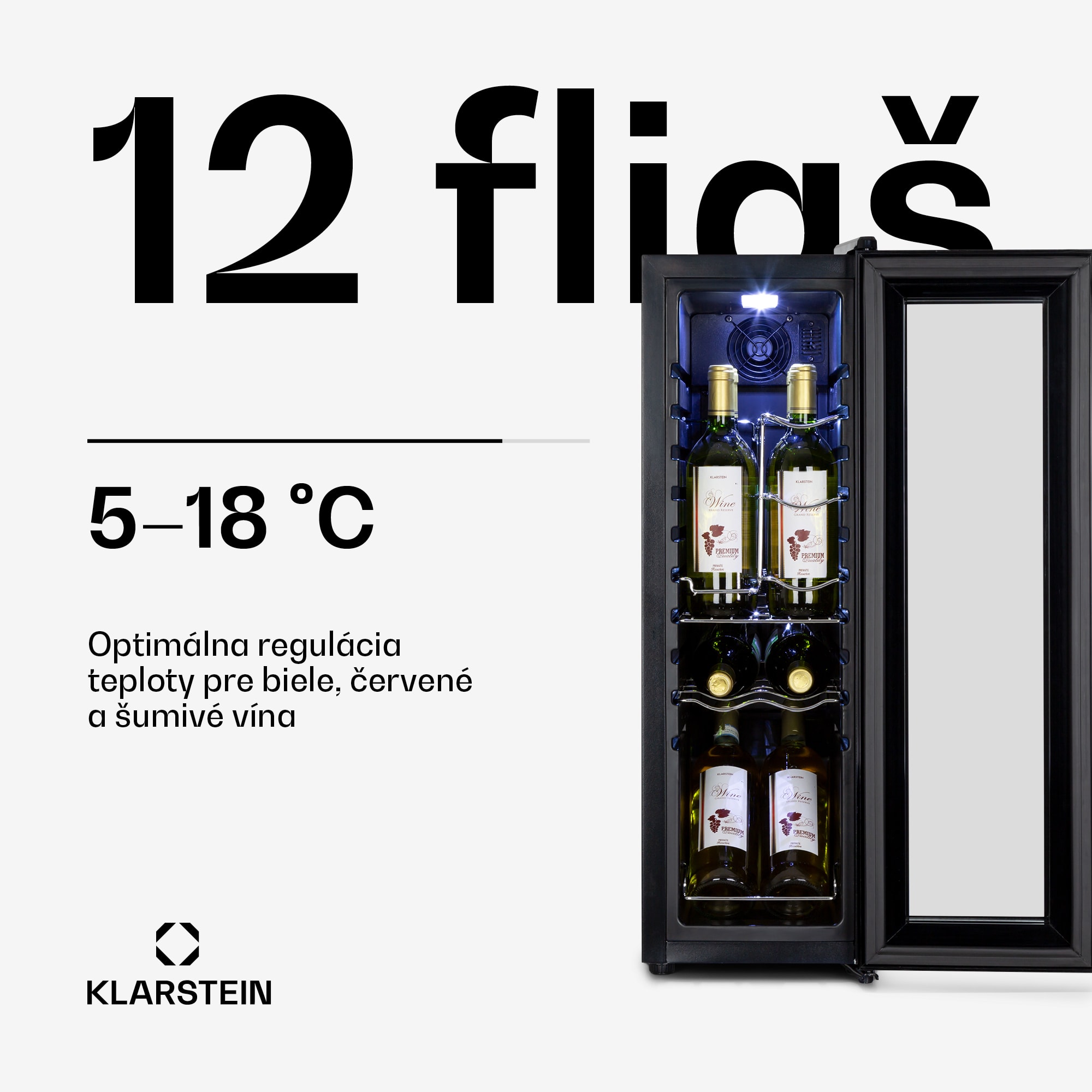Klarstein Shiraz 12 Slim, vinotéka, 32 l, 12 fliaš, 85 W, 5–18°C, dotykový ovládací panel – Obrázok 3