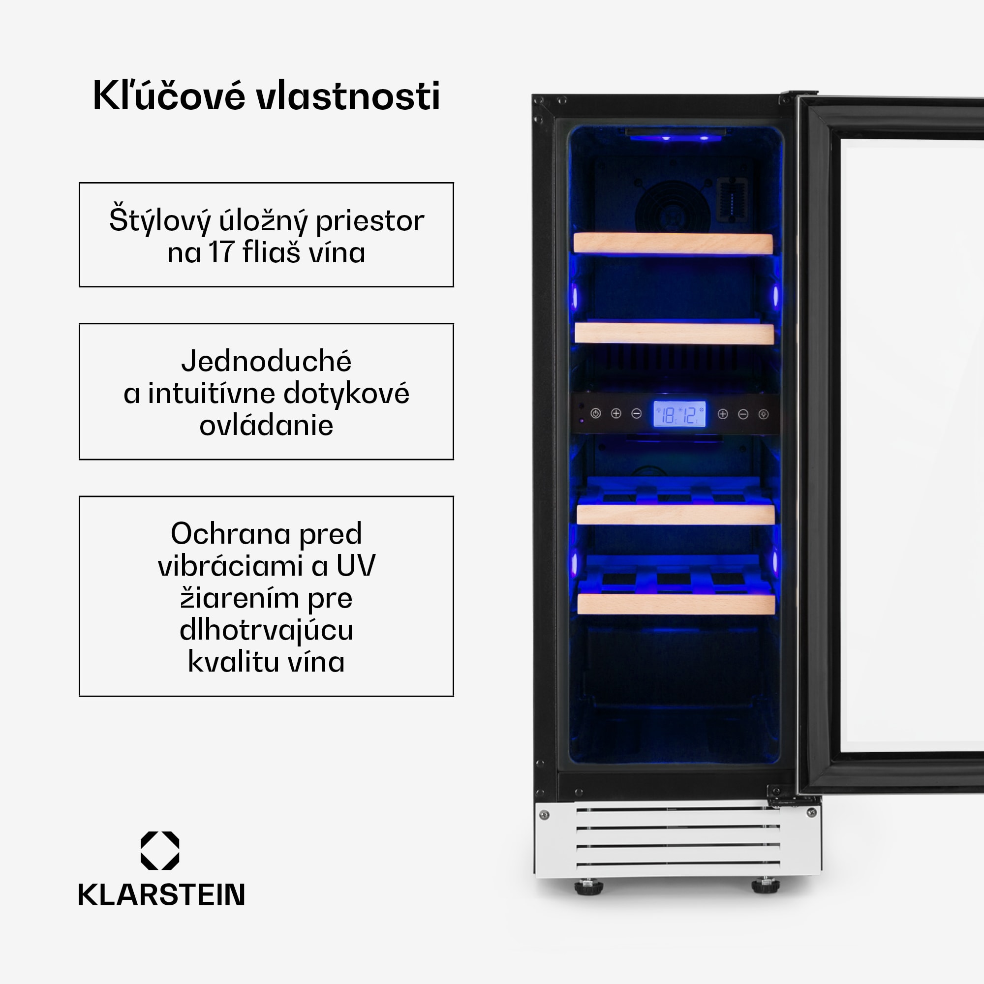 Klarstein Vinovilla 17, dvojzónová vinotéka, 53 l, 17 fliaš, 3-farebné LED osvetlenie, biela – Obrázok 2