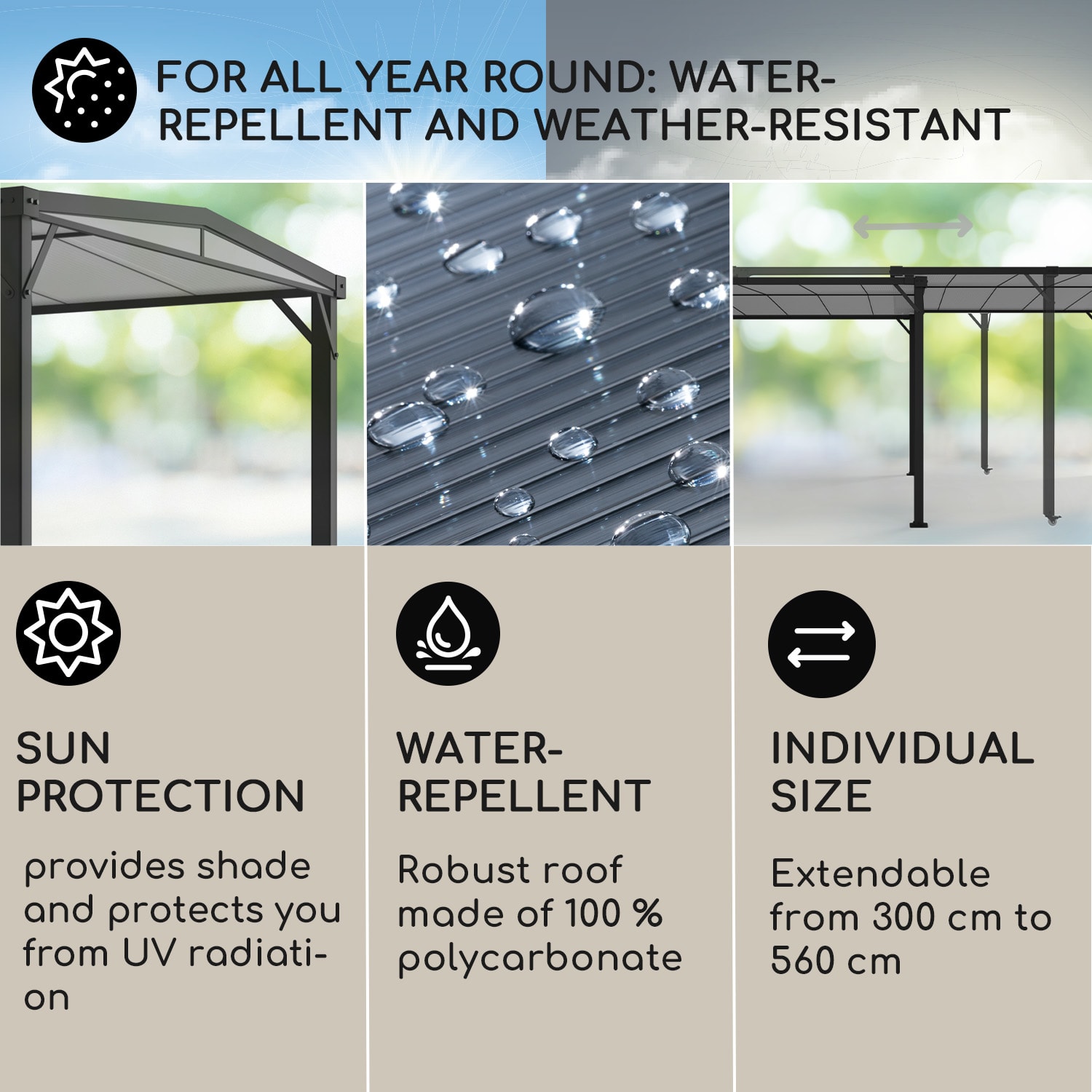 Blumfeldt Pantheon Solid Sky Expand, pergola, dvojitá, 3 x 3 - 5,6 m, hliník, antracitová – Obrázok 2