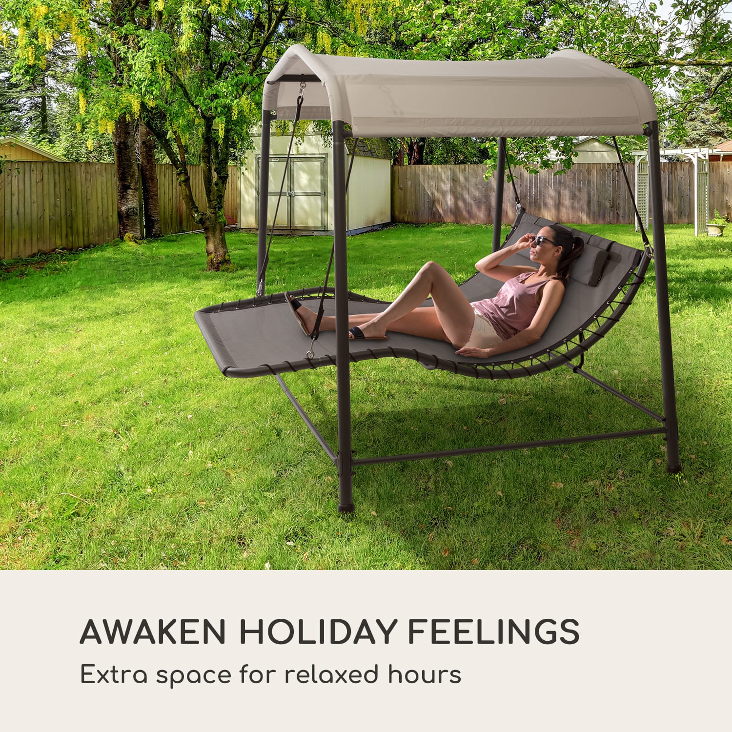 Blumfeldt Palermo, dvojité hojdacie ležadlo, voľne stojace, oceľový rám, vankúš, strecha, sivé – Obrázok 2