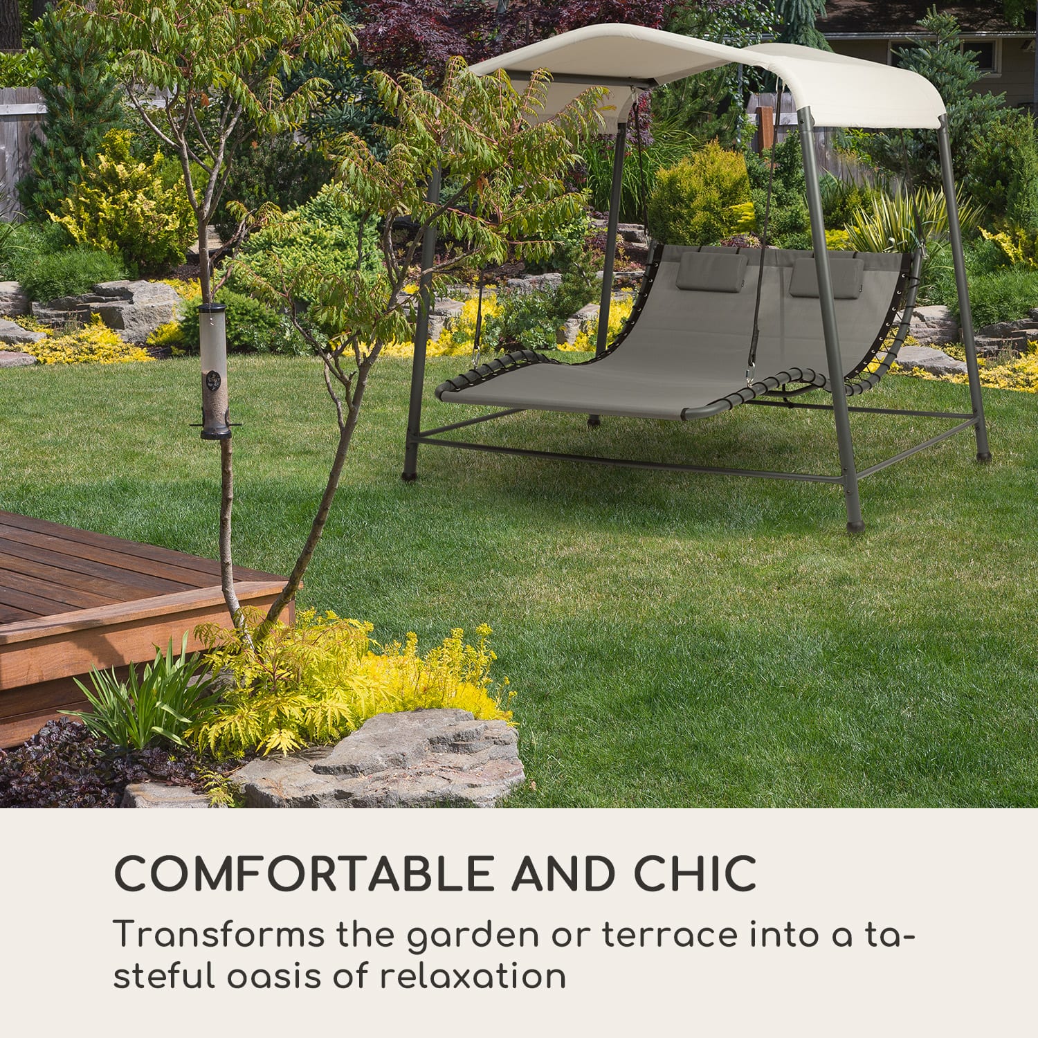 Blumfeldt Palermo, dvojité hojdacie ležadlo, voľne stojace, oceľový rám, vankúš, strecha, sivé – Obrázok 5