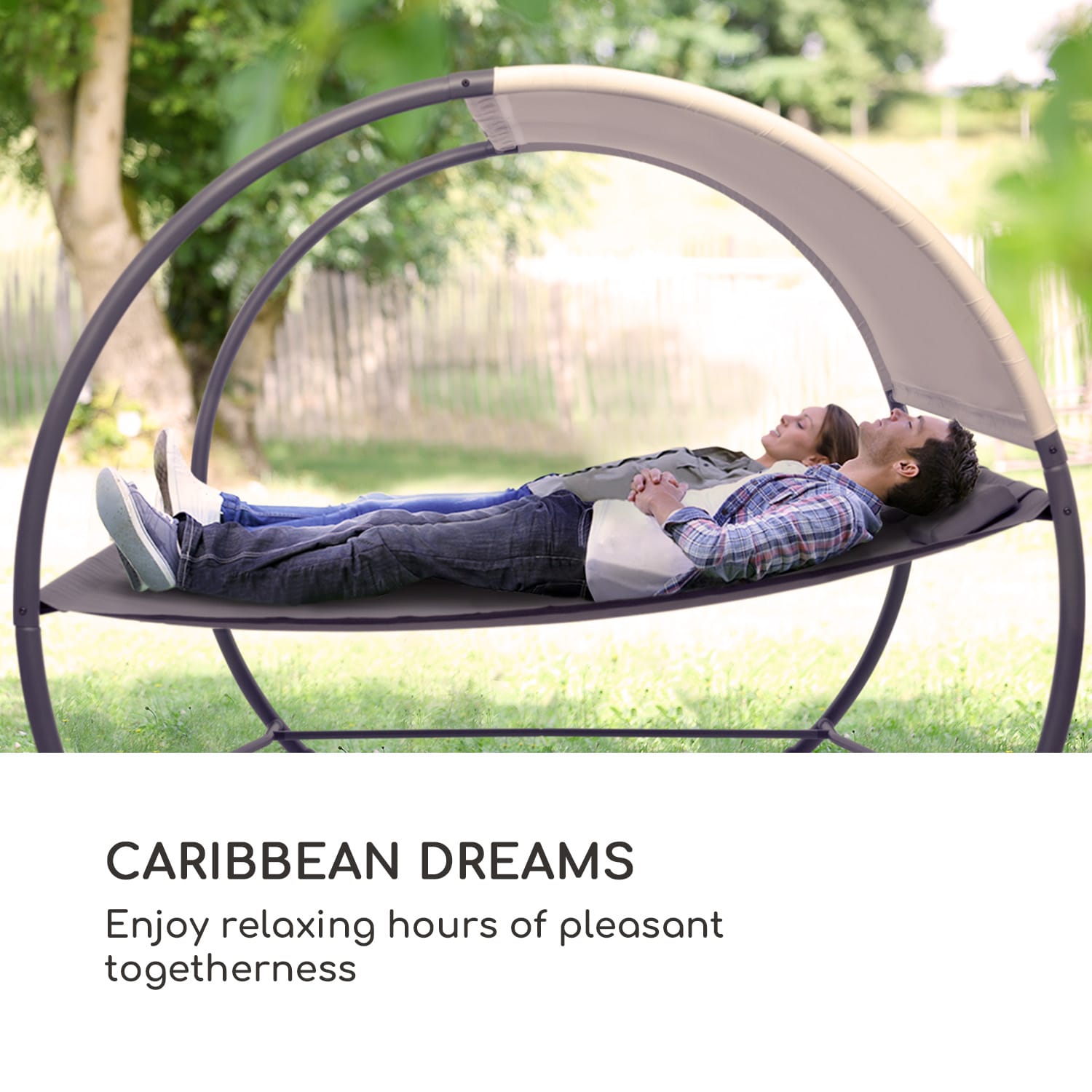 Blumfeldt Umbria, dvojitá hojdacia sieť, voľne stojaca, oceľový rám, vankúš, strecha, sivá – Obrázok 2