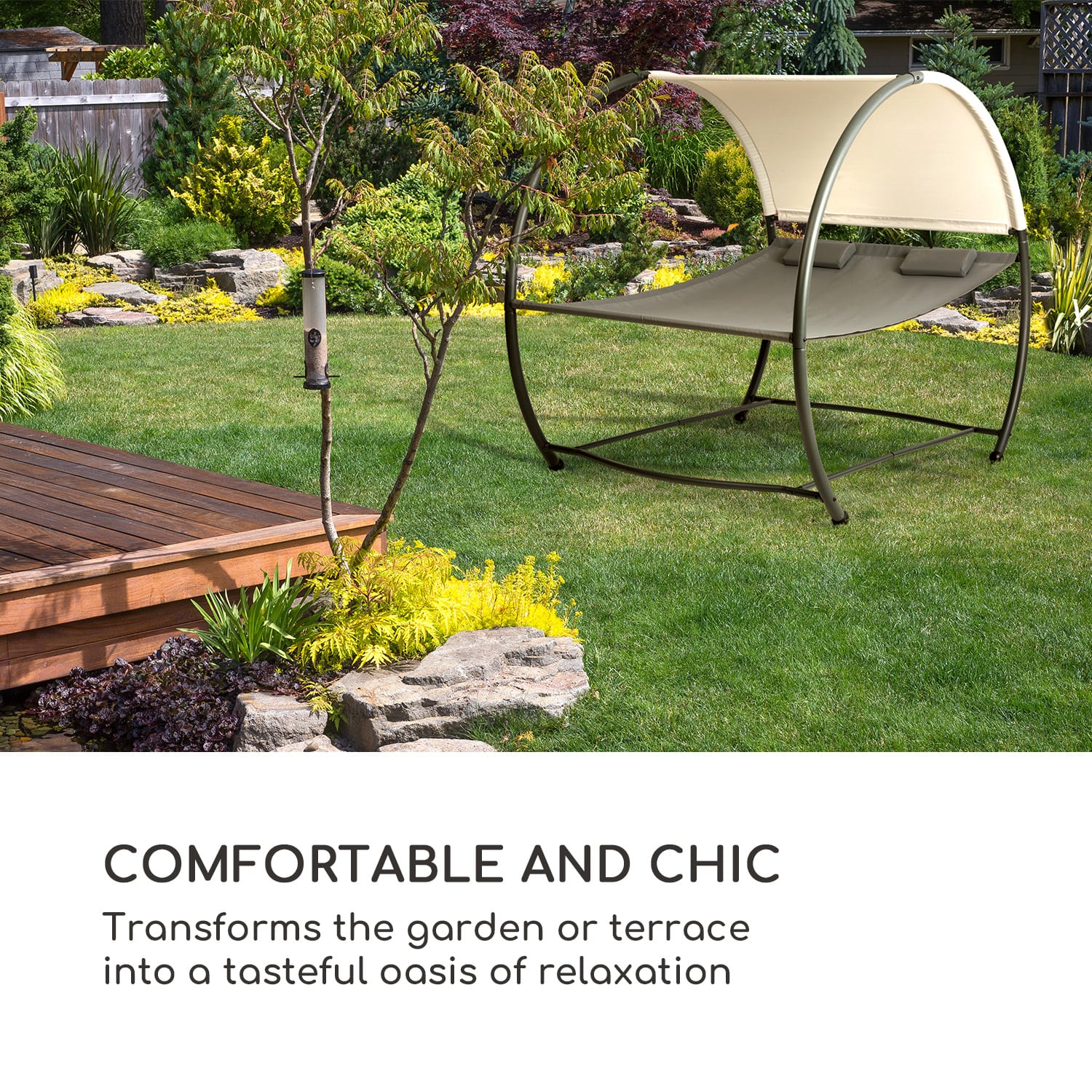 Blumfeldt Umbria, dvojitá hojdacia sieť, voľne stojaca, oceľový rám, vankúš, strecha, sivá – Obrázok 4