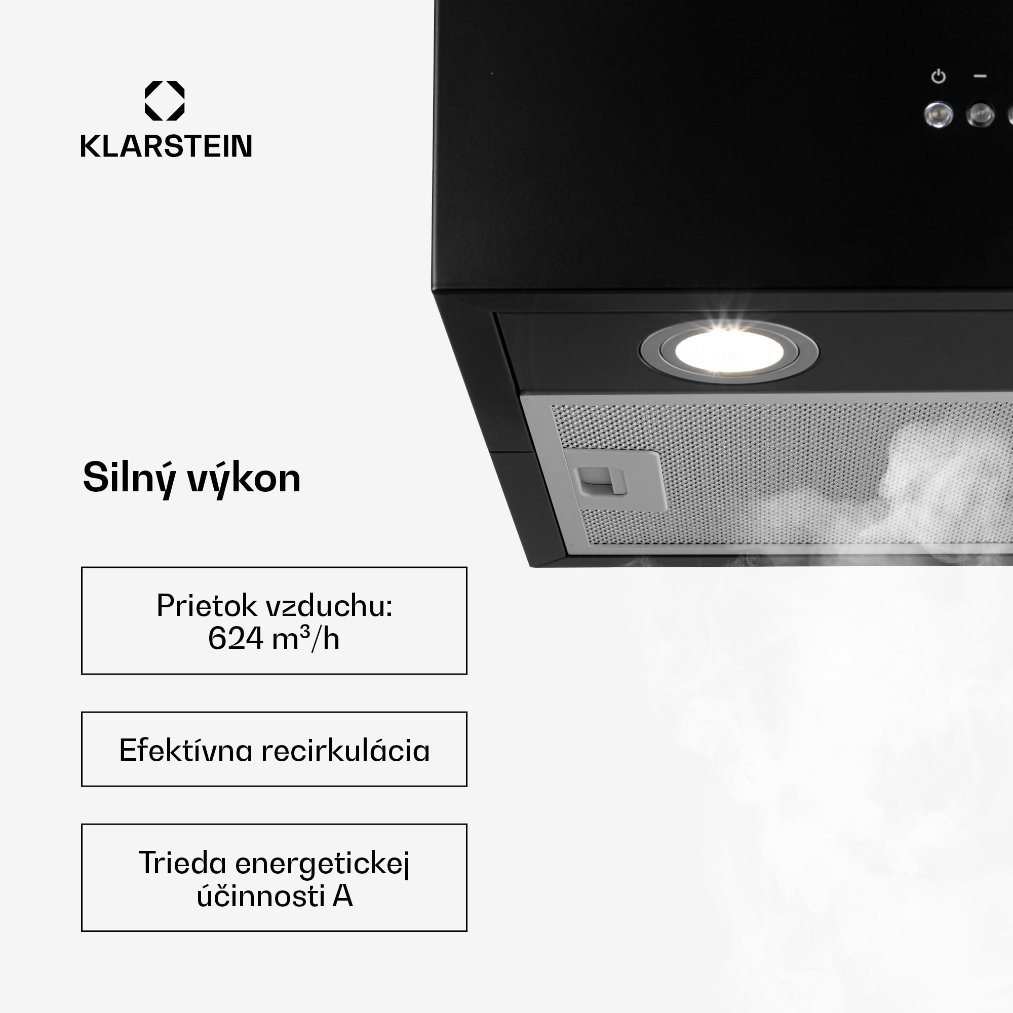 Klarstein Structura, digestor, 41 cm, ostrovčekový, 624 m³/h, A, LED, nehrdzaejúca oceľ, čierny – Obrázok 3