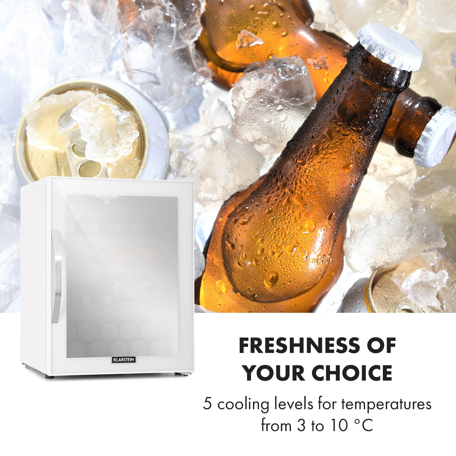 Klarstein Beersafe XL Quartz, chladnička, energet. trieda D, 60 l, LED, 2 kovové police, sklenené dvierka, biela – Obrázok 3