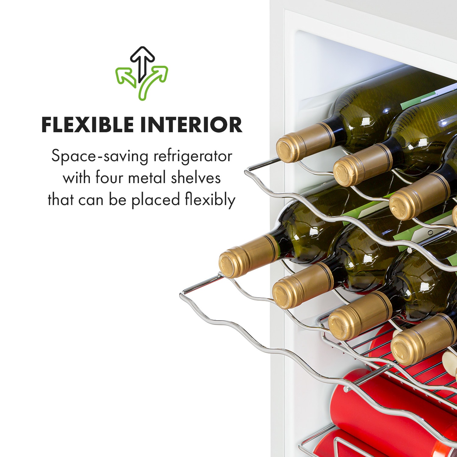 Klarstein Beersafe XL Quartz, chladnička, energet. trieda D, 60 l, LED, 2 kovové police, sklenené dvierka, biela – Obrázok 4