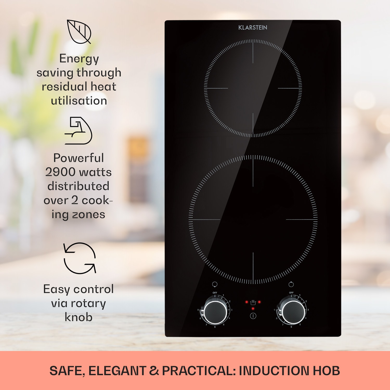 Klarstein Kochheld, indukčná varná doska, 2900 W, 2 zóny, otočné regulátory, sklo, čierna – Obrázok 2