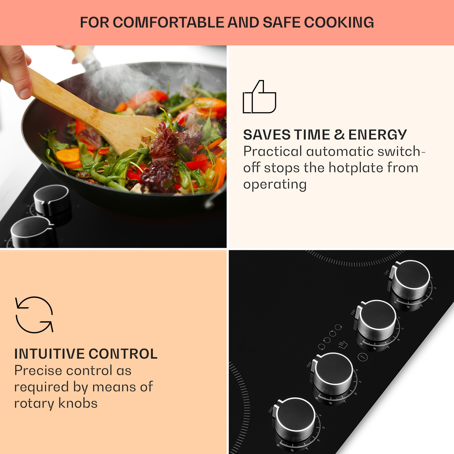 Klarstein Kochheld, indukčná varná doska, 6000 W, 4 zóny, otočné regulátory, sklo, čierna – Obrázok 4