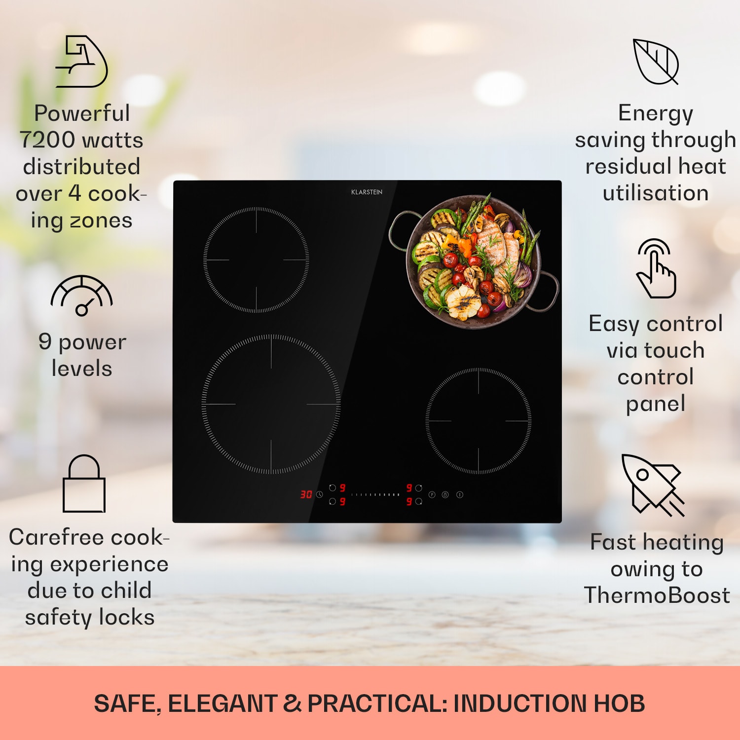 Klarstein Virtuosa EcoAdapt, indukčná varná doska, 7200 W, 4 zóny, sklo, čierna – Obrázok 2