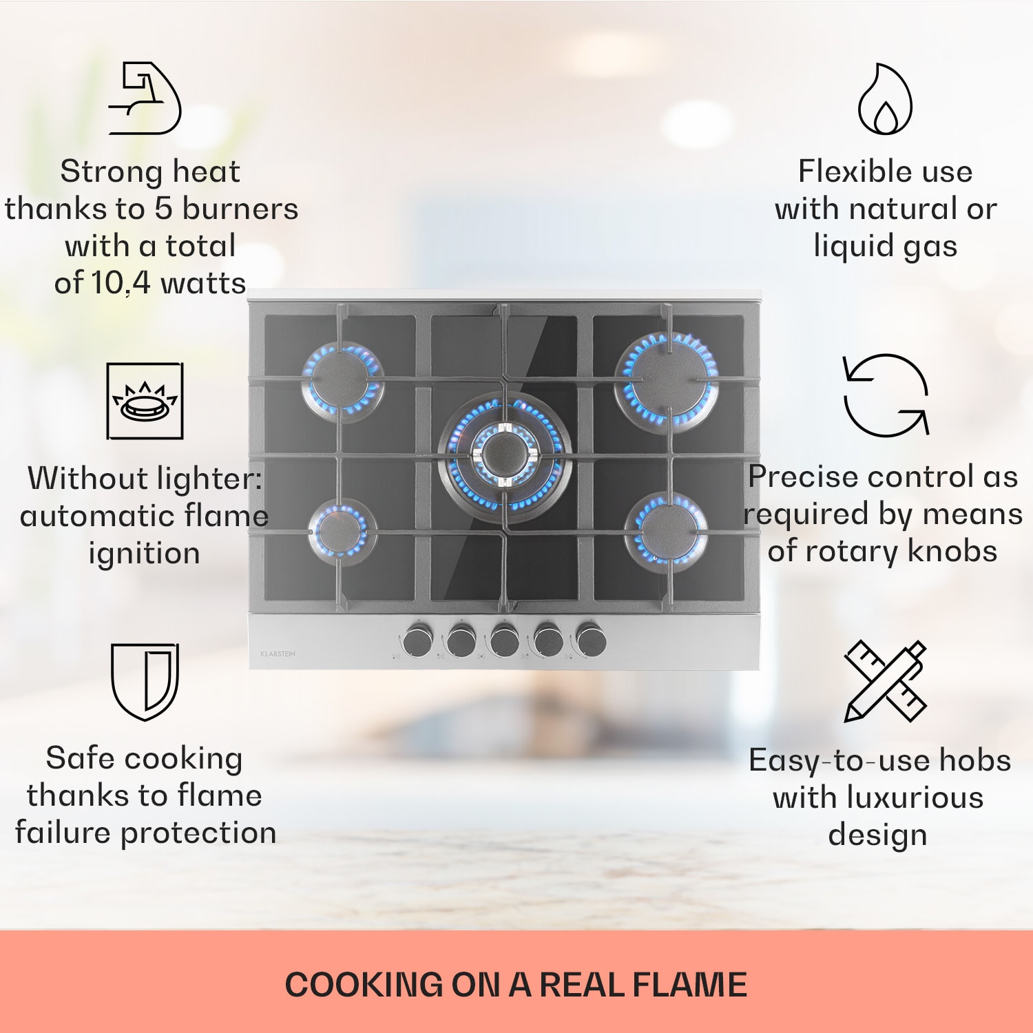 Klarstein Alchemist, plynová varná doska, 5 hliníkových horákov, sklokeramika, čierna – Obrázok 2