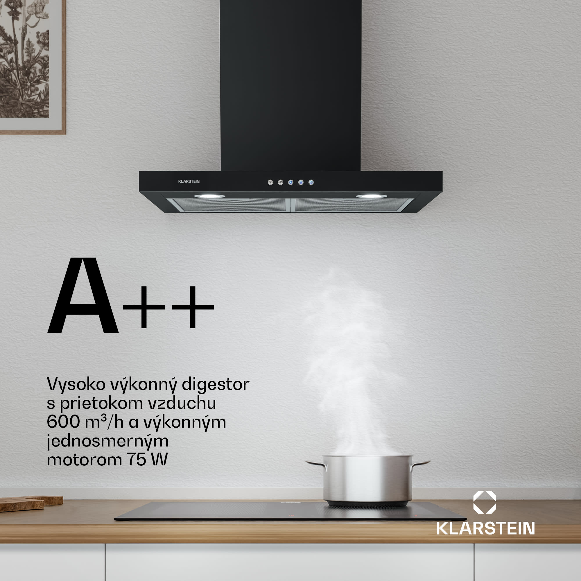 Klarstein Limelight, digestor, 60 cm, nástenný, 600 m³/h, čierny – Obrázok 2