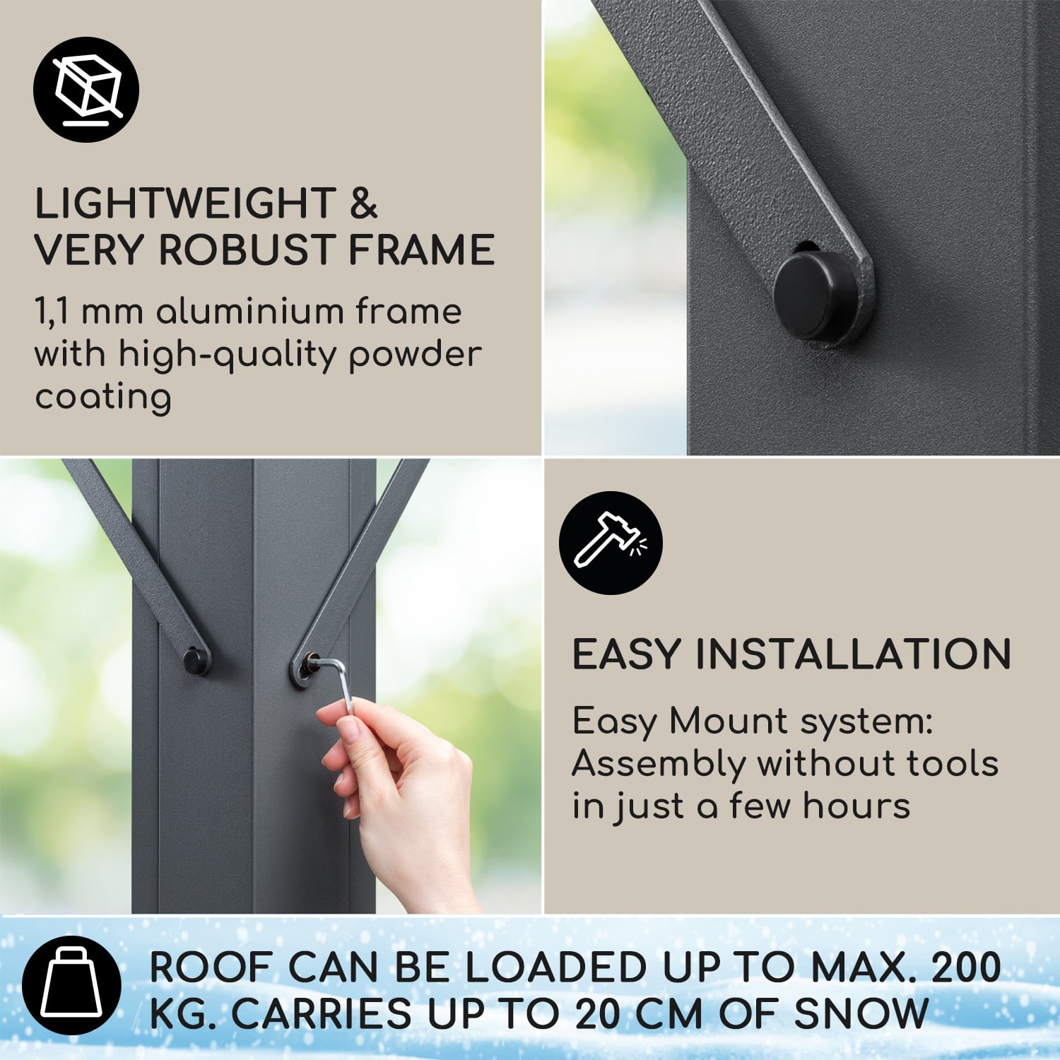 Blumfeldt Pantheon Solid Sky Flat, pergola, prístrešok, 3 x 3 m, polykarbonát, sivá – Obrázok 3