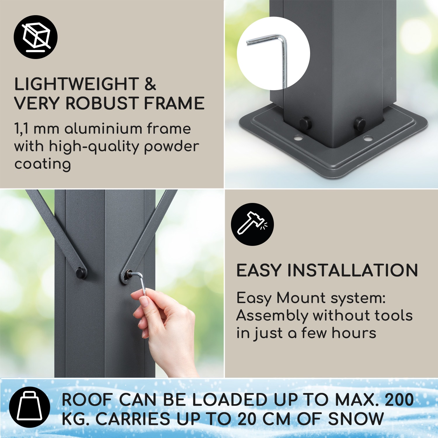 Blumfeldt Pantheon Cortina Solid Sky, pergola, prístrešok, 3 x 3 m, polykarbonát, sivá – Obrázok 3