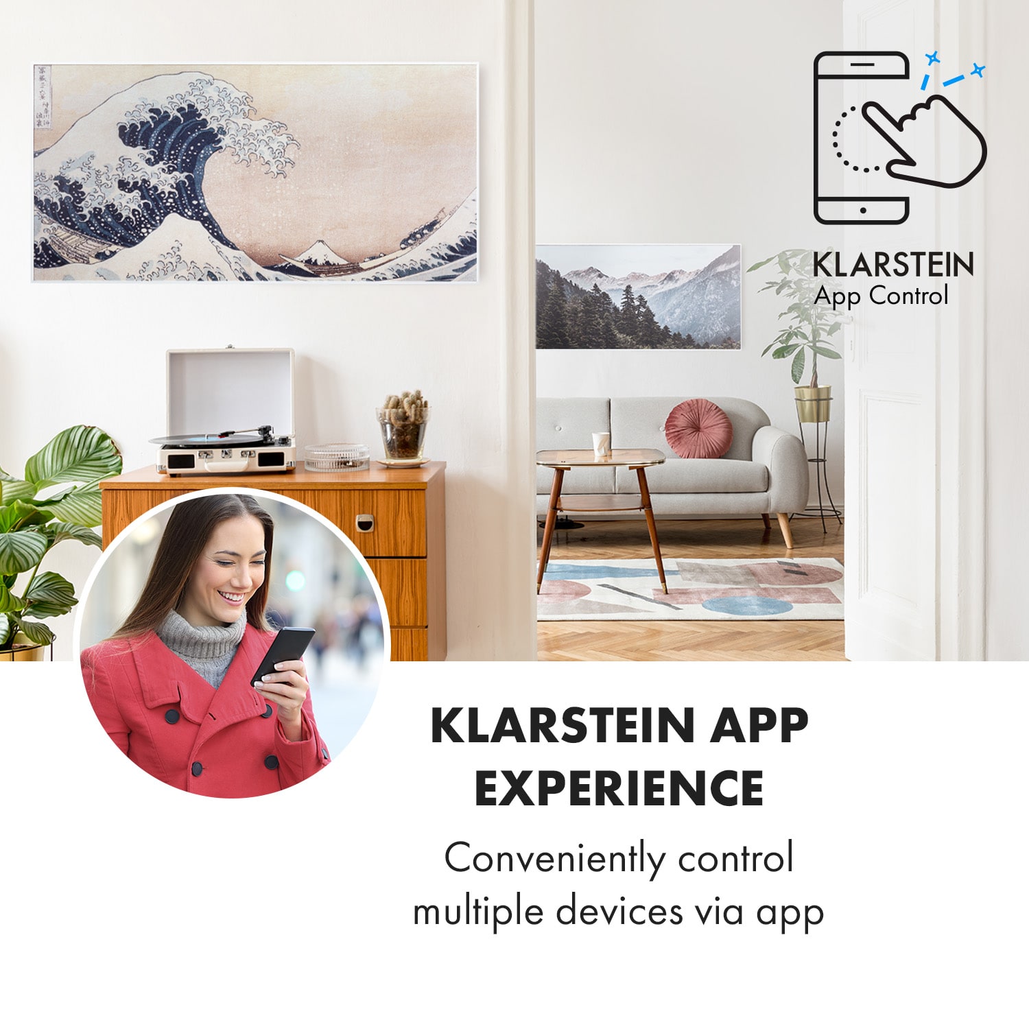 Klarstein Wonderwall Air Art Smart, infračervený ohrievač, 120 x 60 cm, 700 W, aplikácia, vlny – Obrázok 2