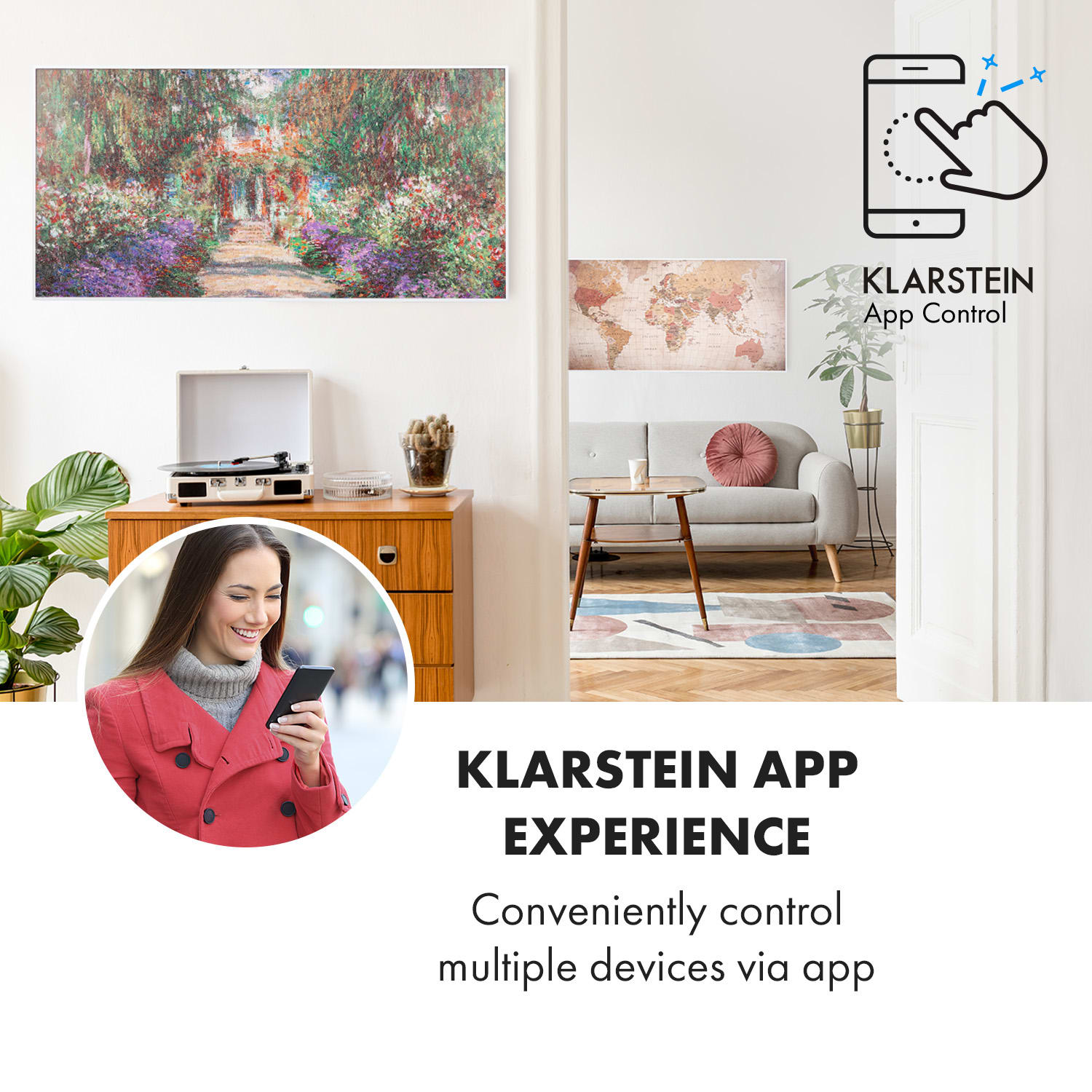 Klarstein Wonderwall Air Art Smart, infračervený ohrievač, 120 x 60 cm, 700 W, aplikácia, záhradná cestička – Obrázok 2