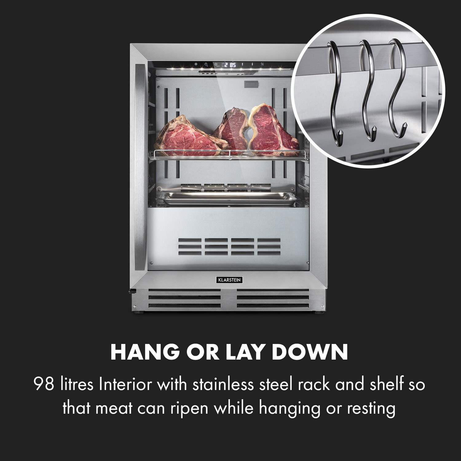 Klarstein Steakhouse Pro, chladnička na zrenie mäsa, 1 zóna, 98 l, 1–25°C, dotyková, nehrdzavejúca oceľ – Obrázok 5