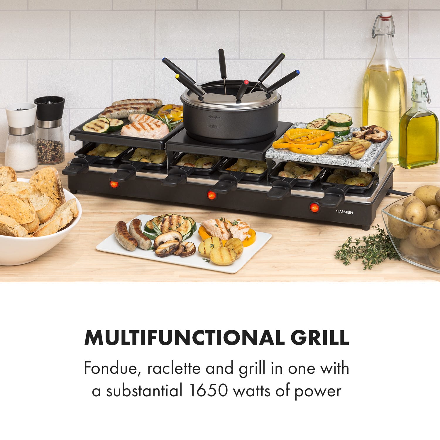 Klarstein Fonduelette XL, raclette gril s fondue 3 v 1, 1650 W, prírodný kameň, pre 6 osôb – Obrázok 2