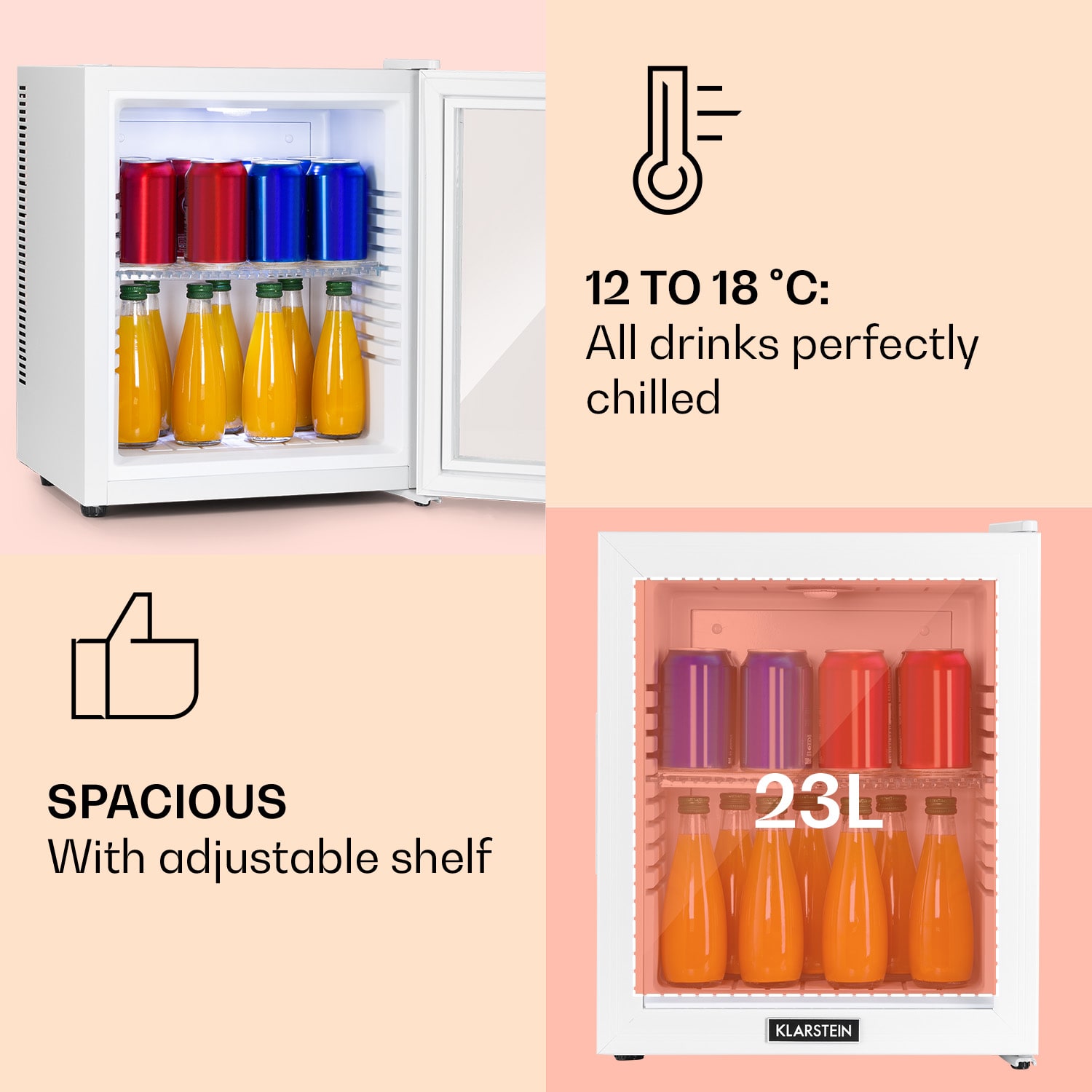 Klarstein Brooklyn 24, mini chladnička, sklenené dvierka, LED osvetlenie, police – Obrázok 4