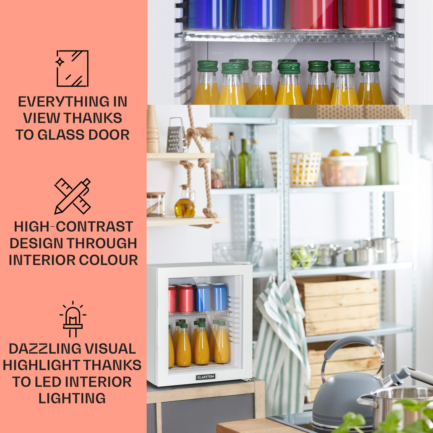 Klarstein Brooklyn 32, mini chladnička, sklenené dvere, LED osvetlenie, police – Obrázok 3