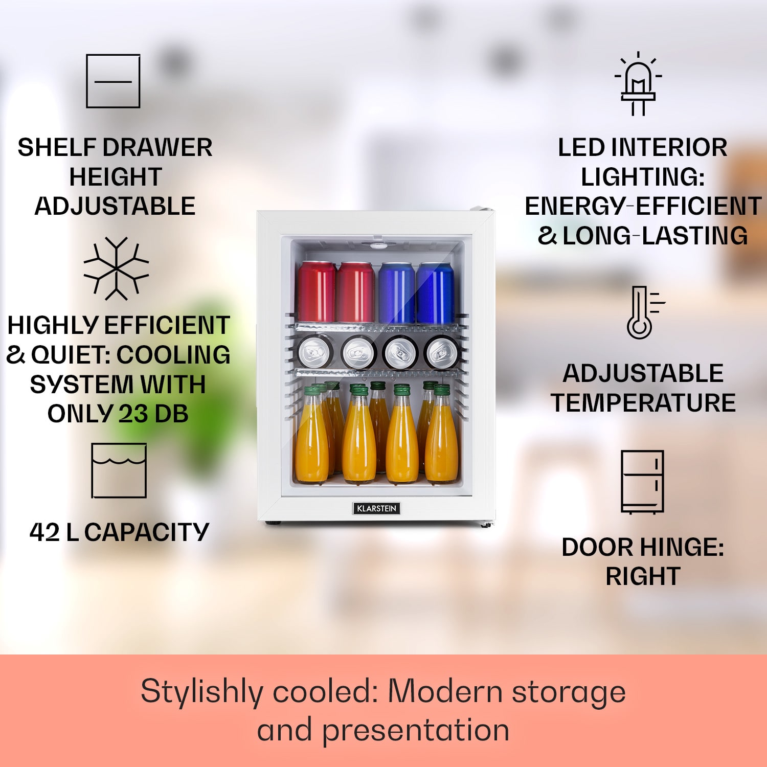 Klarstein Brooklyn 42, mini chladnička, sklenené dvere, LED osvetlenie, police – Obrázok 2