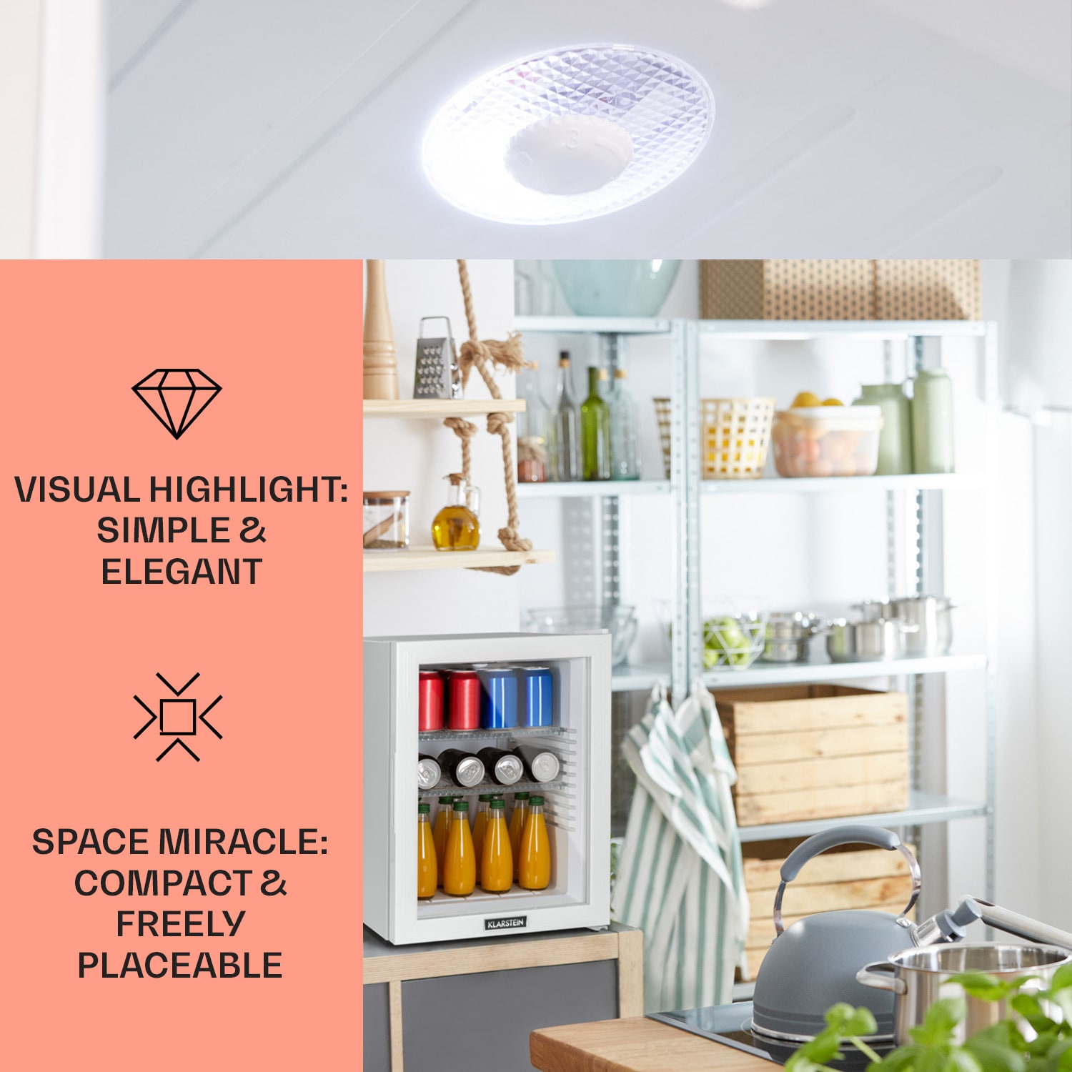 Klarstein Brooklyn 42, mini chladnička, sklenené dvere, LED osvetlenie, police – Obrázok 3