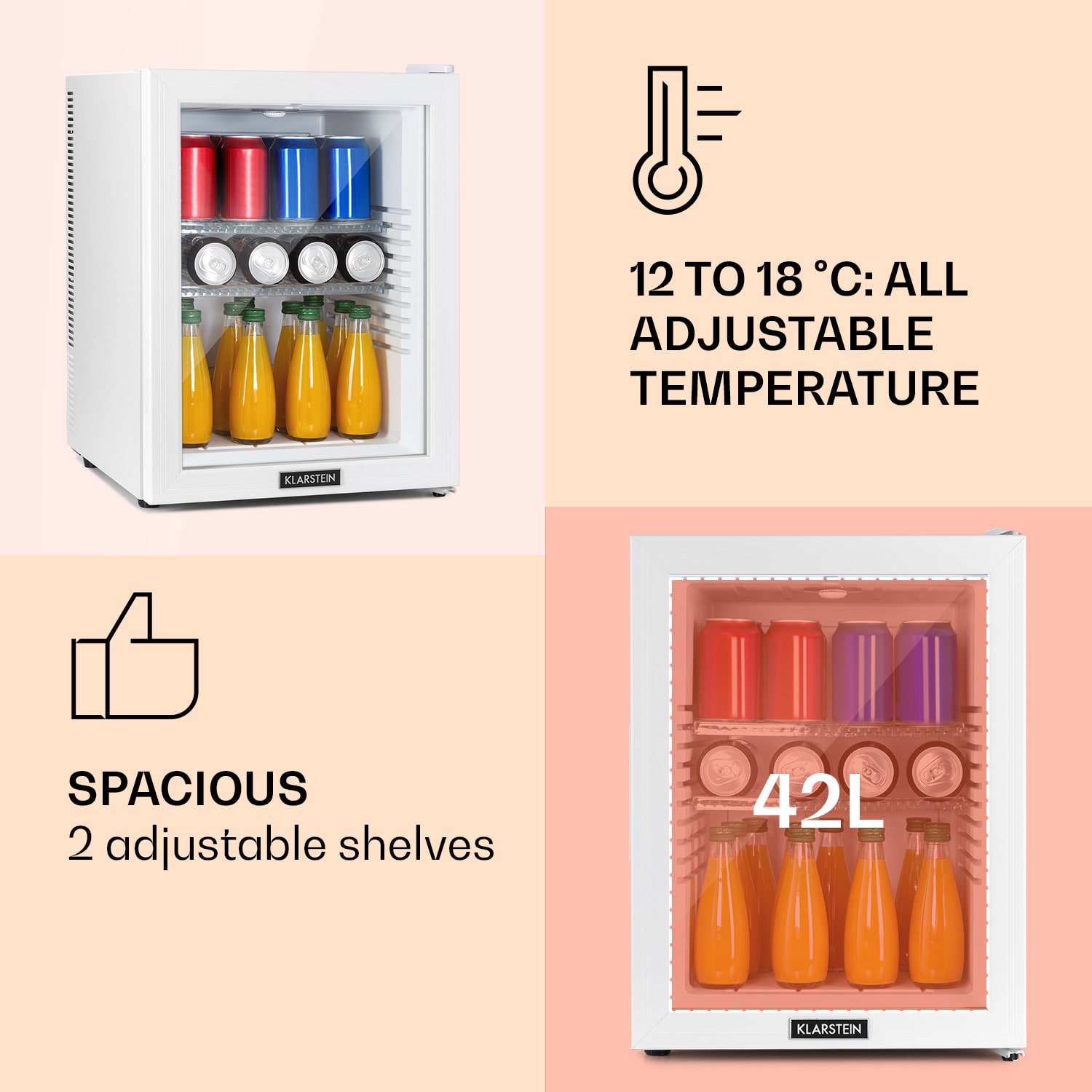 Klarstein Brooklyn 42, mini chladnička, sklenené dvere, LED osvetlenie, police – Obrázok 4