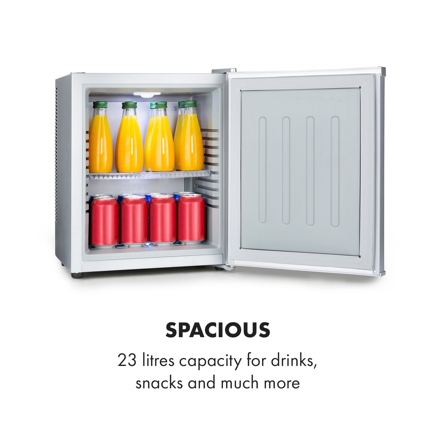 Klarstein Happy Hour 23, minibar, 23 l, 5-15°C, energet. trieda G, tichý, 23 dB, LED svetlo, strieborný – Obrázok 4