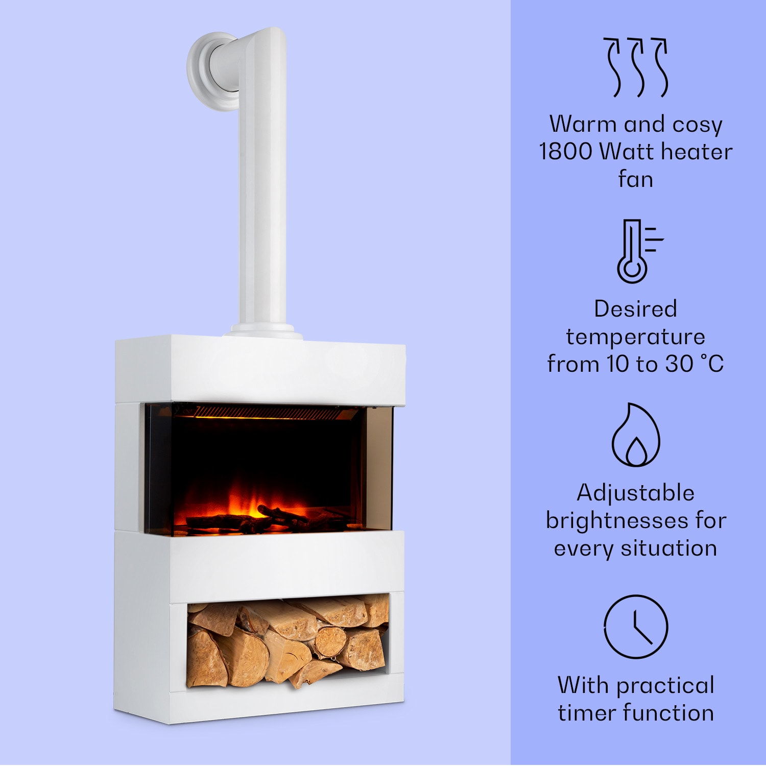 Klarstein Zermatt, elektrický krb, 900/1800 W, ilúzia plameňa, dymová rúra, biely – Obrázok 3