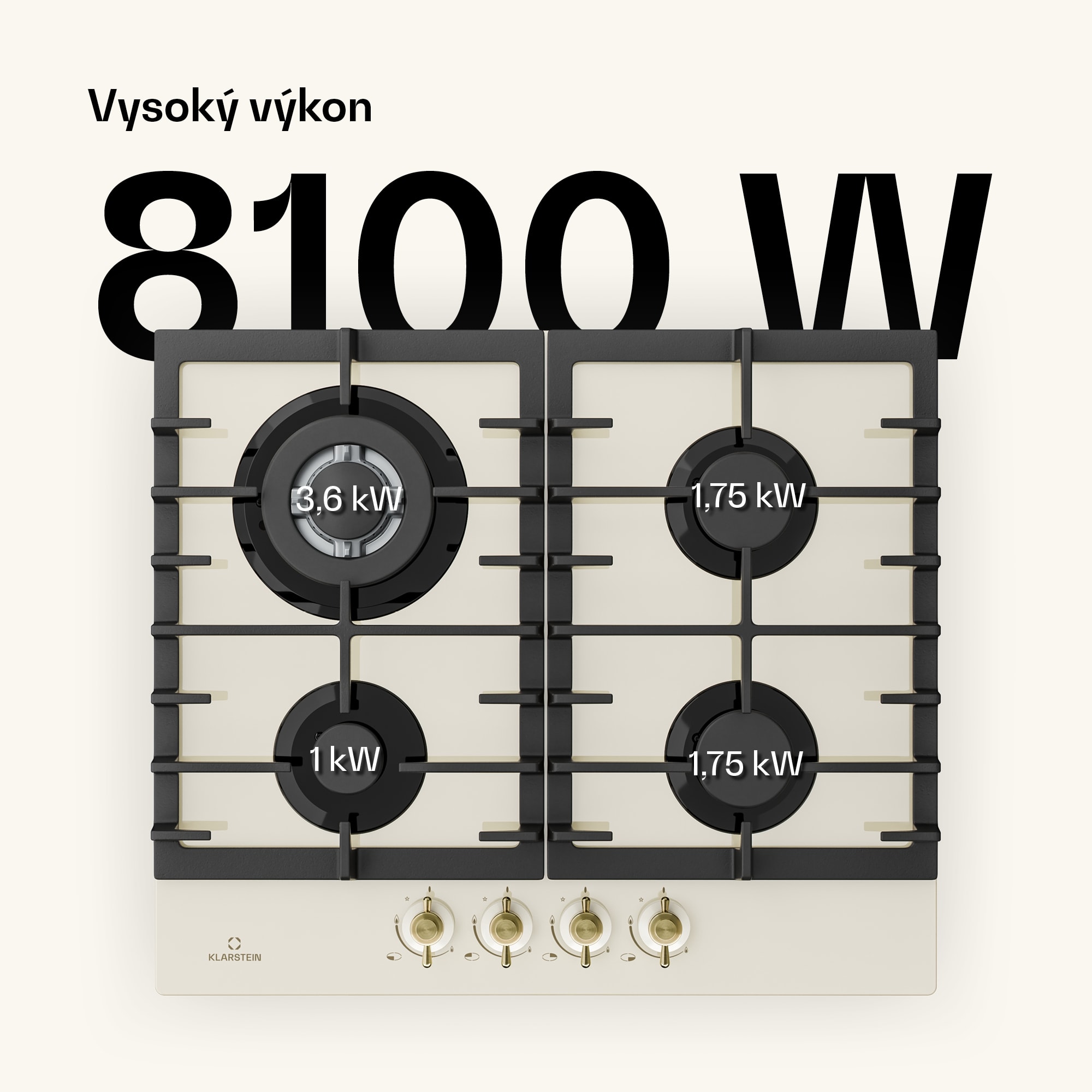 Klarstein Victoria 4, plynová varná doska, 4 horáky, sklokeramika, slonovinová – Obrázok 3