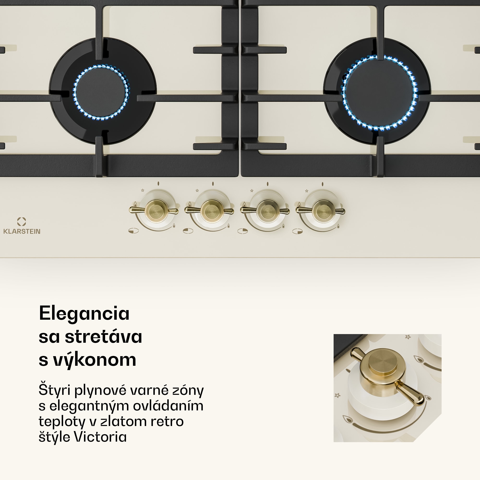 Klarstein Victoria 4, plynová varná doska, 4 horáky, sklokeramika, slonovinová – Obrázok 4