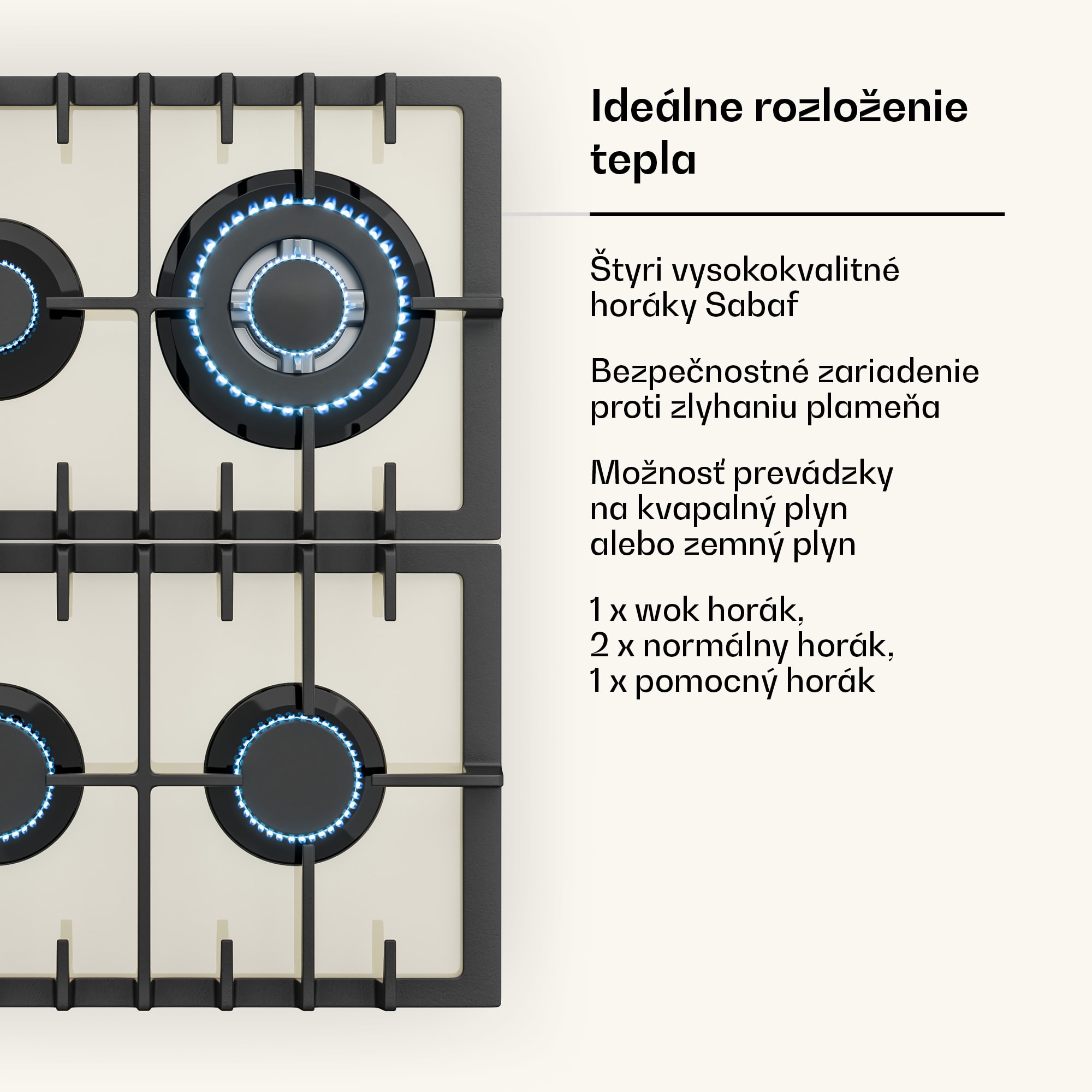 Klarstein Victoria 4, plynová varná doska, 4 horáky, sklokeramika, slonovinová – Obrázok 5