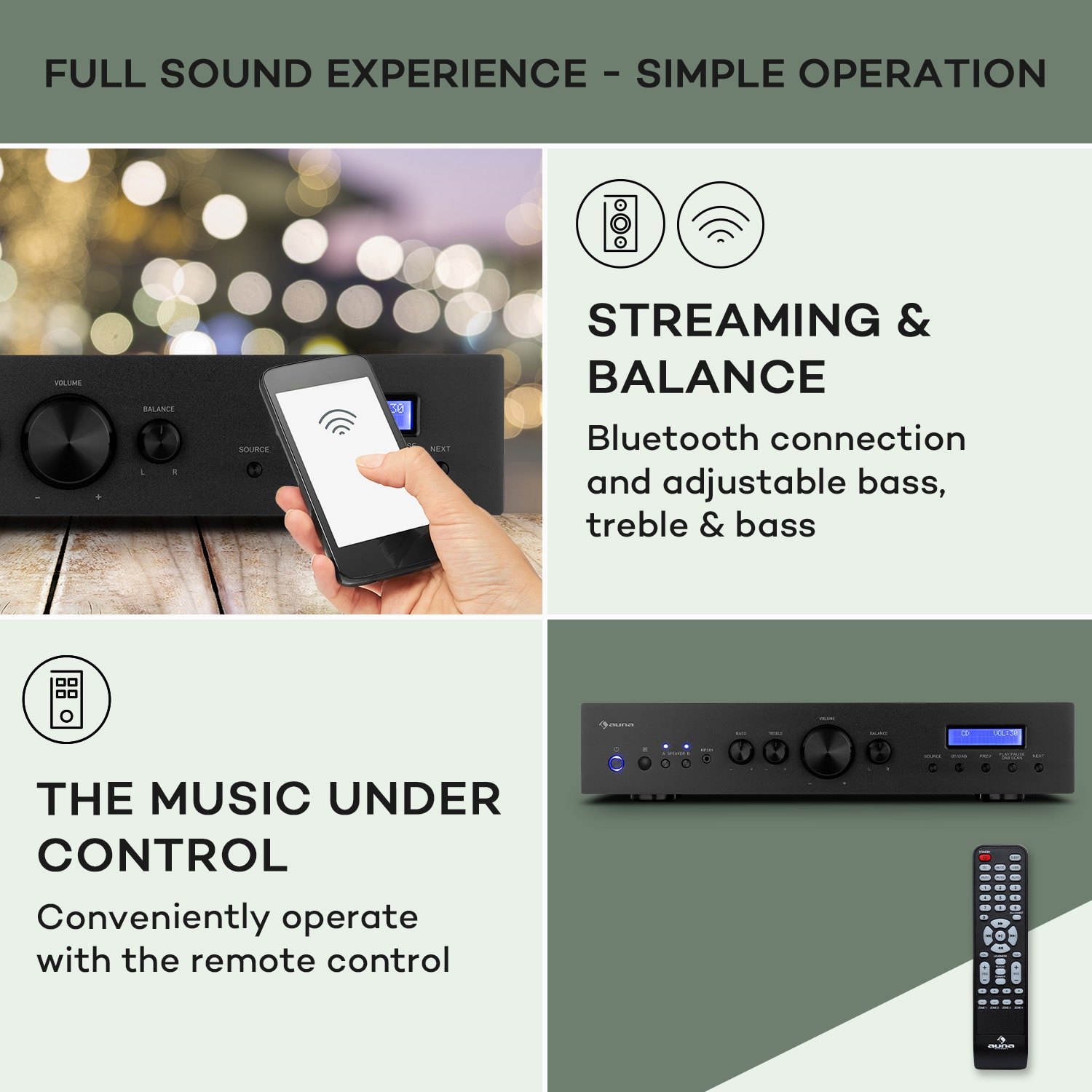 Auna AMP-CD608 DAB, HiFi stereo zosilňovač, 4 x 100 W, RMS, DAB+ BT, optický vstup, diaľkový ovládač – Obrázok 4