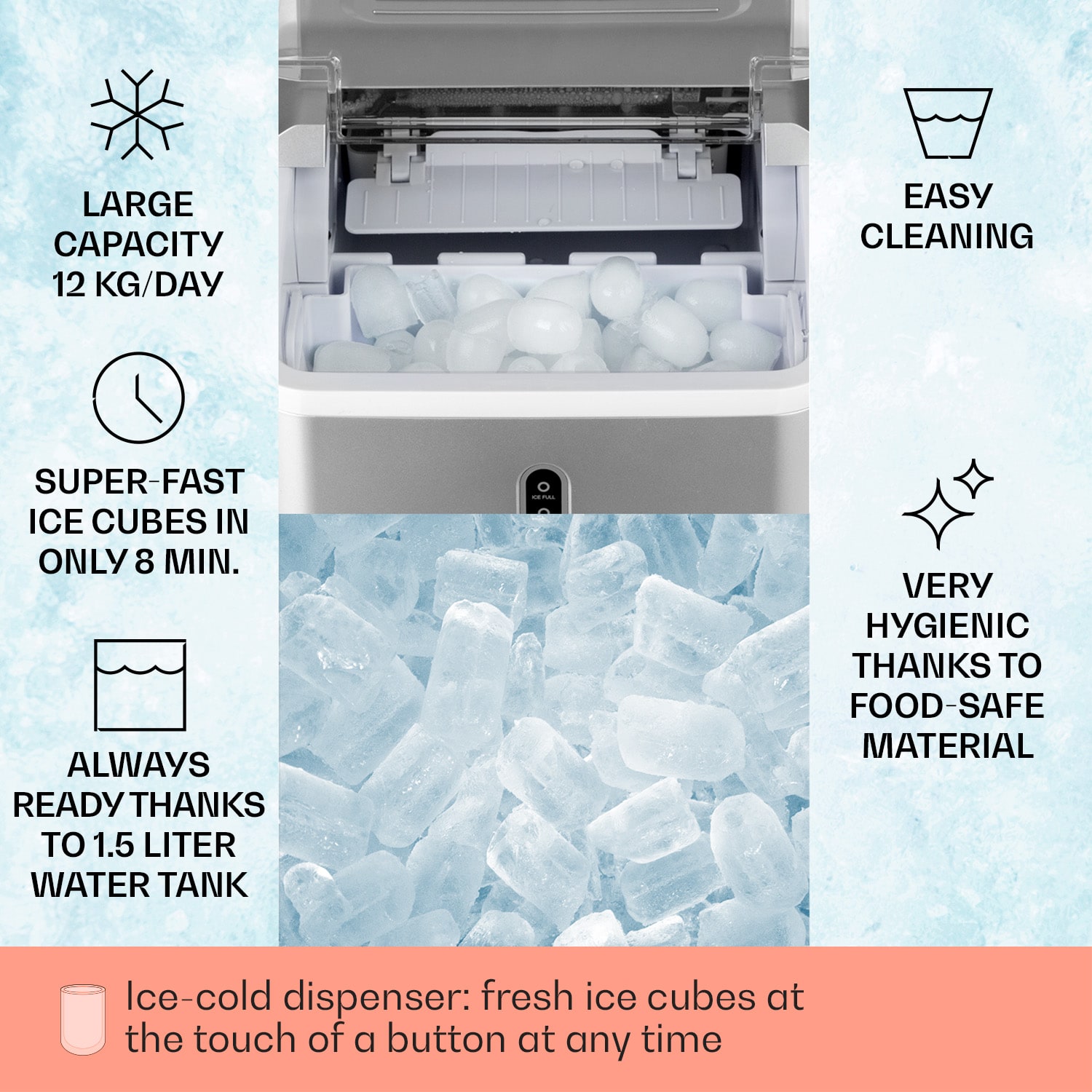 Klarstein Chillout, výrobník ľadu, oblé kúsky ľadu, 12 kg/24 h, nádrž 1,5 l, strieborný – Obrázok 2