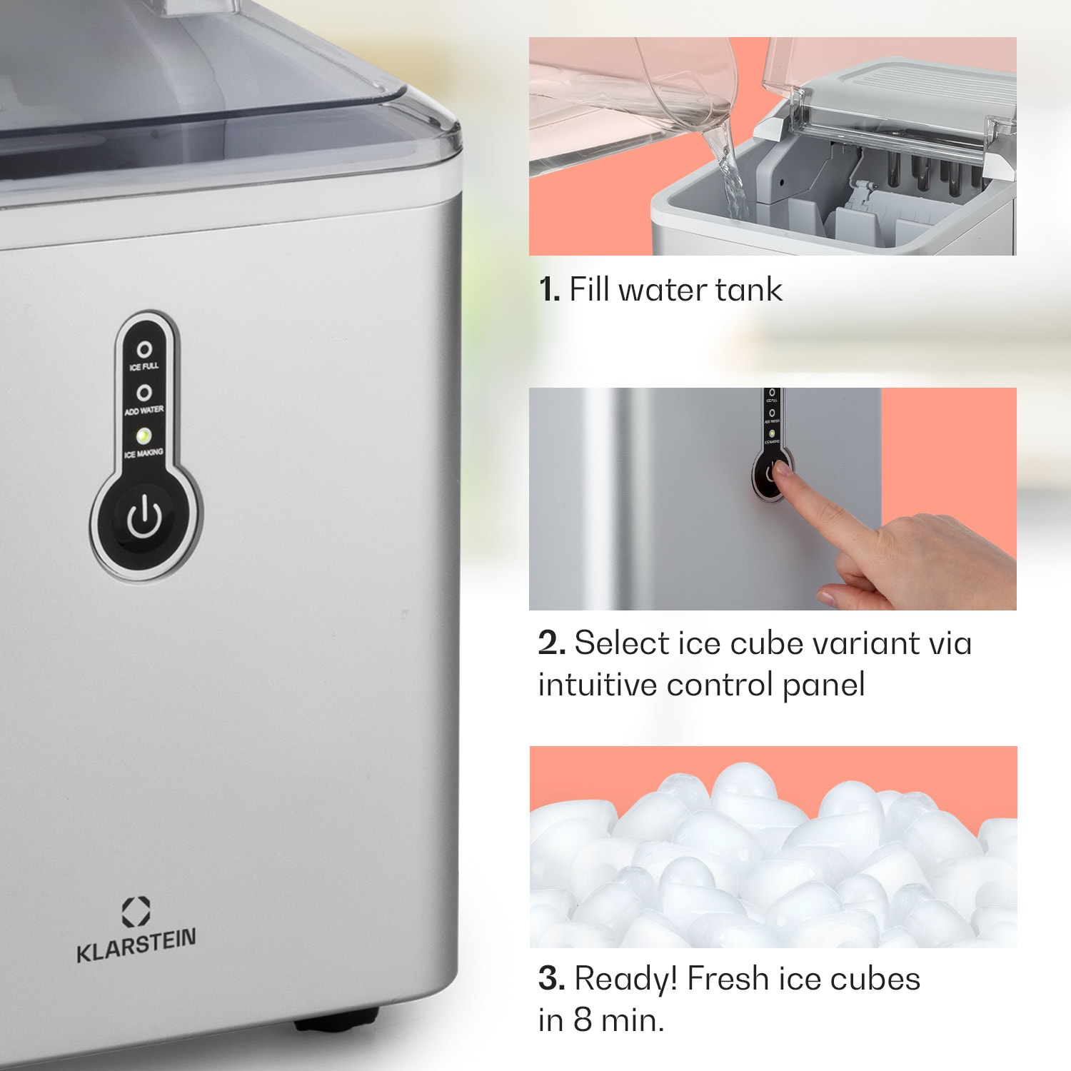 Klarstein Chillout, výrobník ľadu, oblé kúsky ľadu, 12 kg/24 h, nádrž 1,5 l, strieborný – Obrázok 4