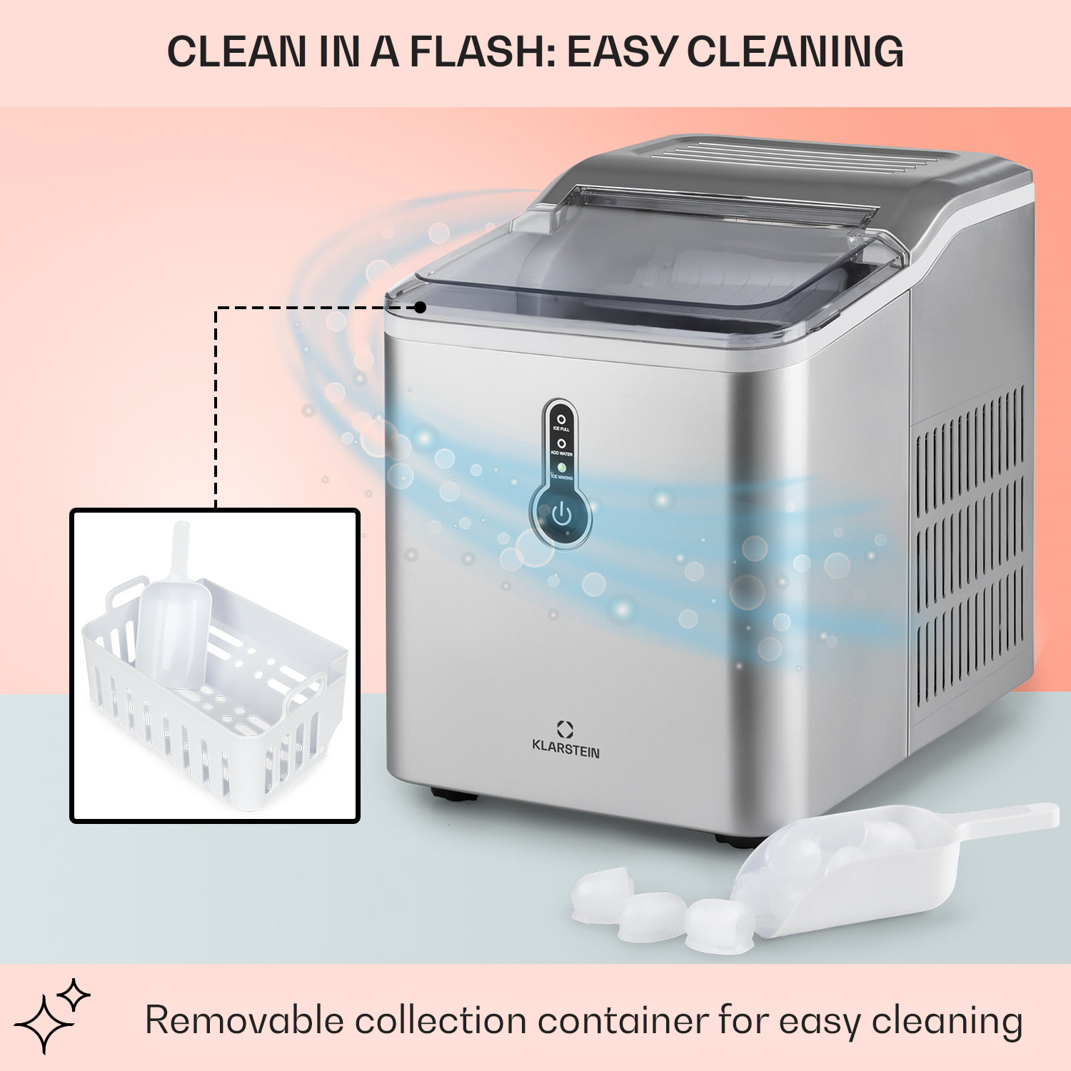 Klarstein Chillout, výrobník ľadu, oblé kúsky ľadu, 12 kg/24 h, nádrž 1,5 l, strieborný – Obrázok 5