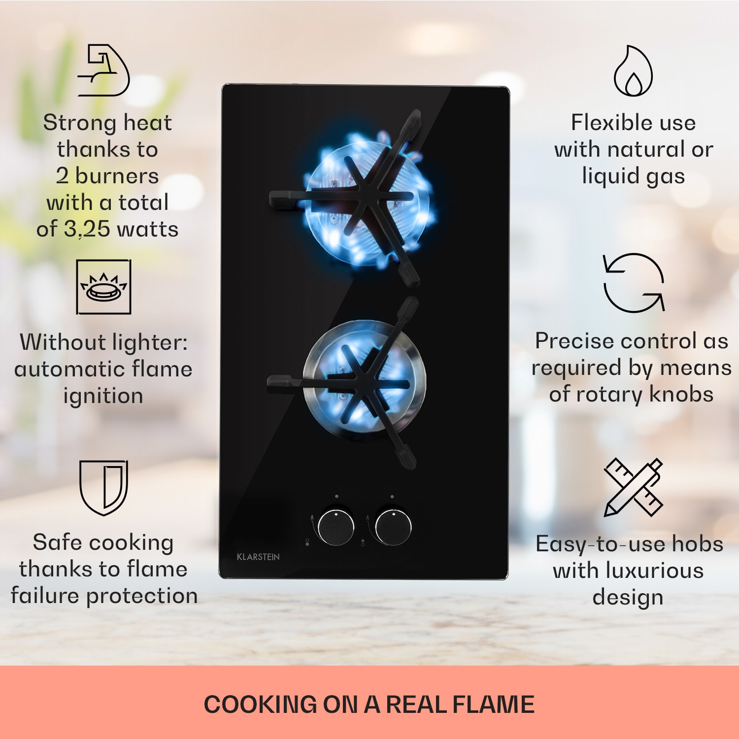Klarstein Trifecta Domino, plynová varná doska, 2 trojuholníkové horáky, sklokeramika – Obrázok 2