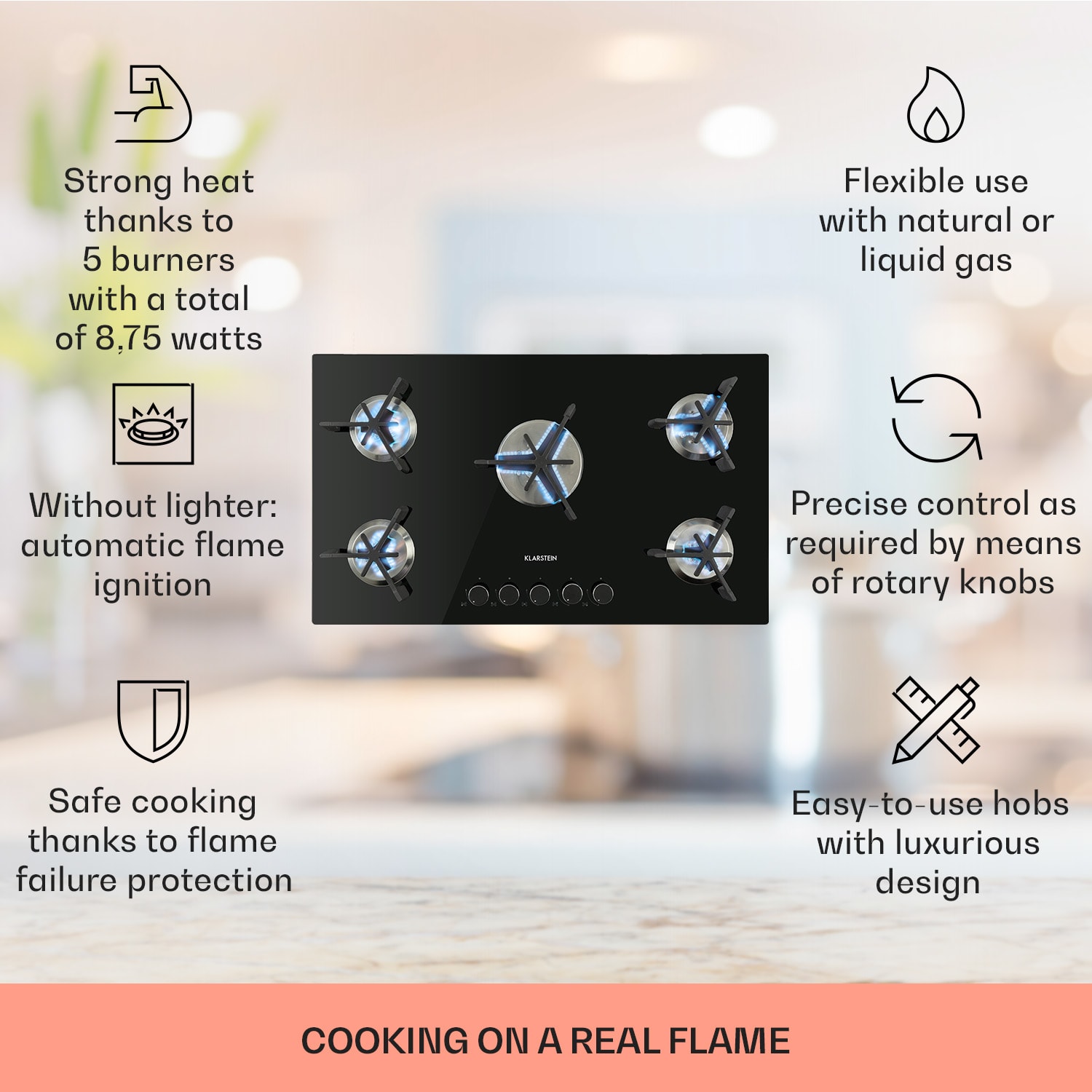 Klarstein Trifecta 5, plynová varná doska, 5 trojuholníkových horákov, sklokeramika, čierna – Obrázok 2