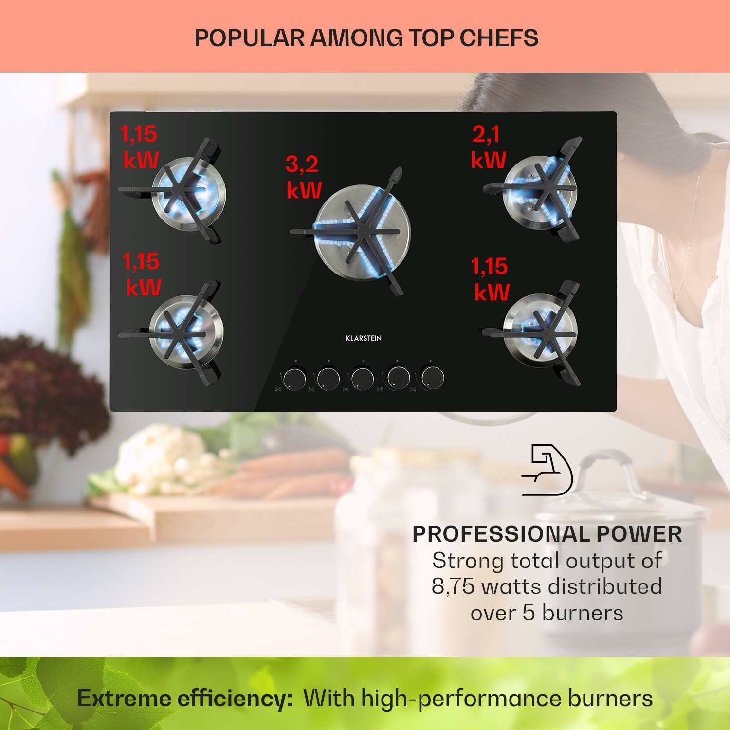 Klarstein Trifecta 5, plynová varná doska, 5 trojuholníkových horákov, sklokeramika, čierna – Obrázok 3