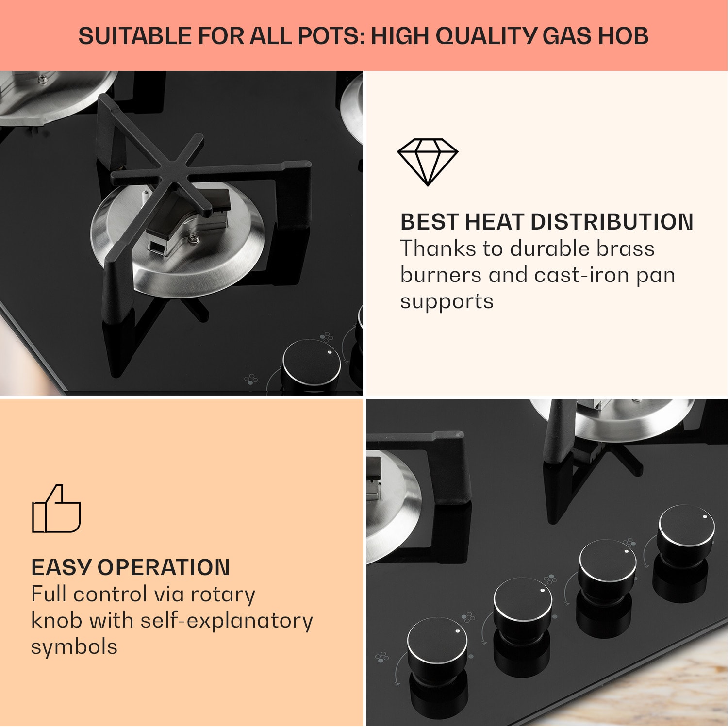 Klarstein Trifecta 5, plynová varná doska, 5 trojuholníkových horákov, sklokeramika, čierna – Obrázok 4