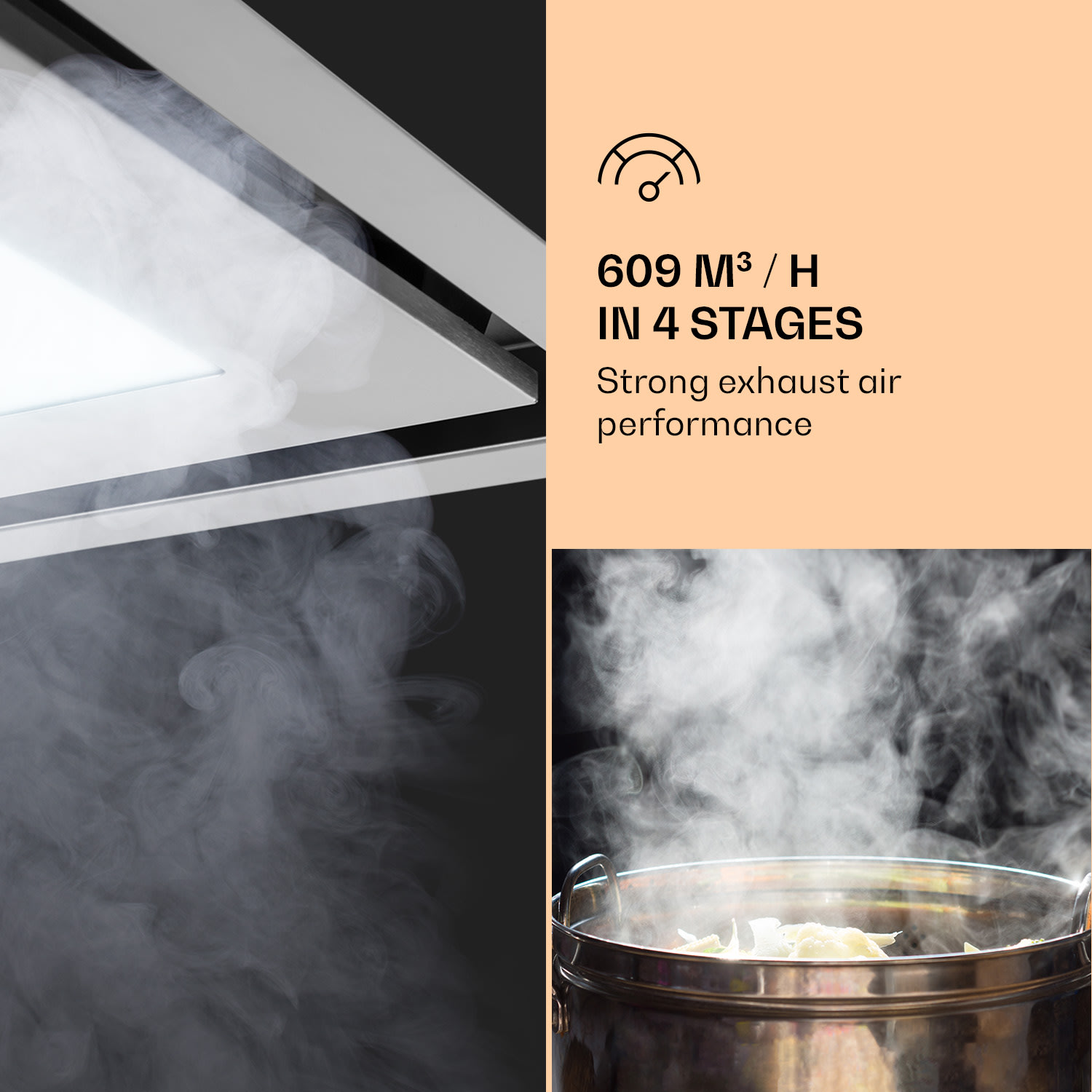 Klarstein Remy Brilliant Edition, digestor, 90 cm, ostrovčekový, 609 m³/h, A, LED, sklo, nehrdzavejúca oceľ – Obrázok 4